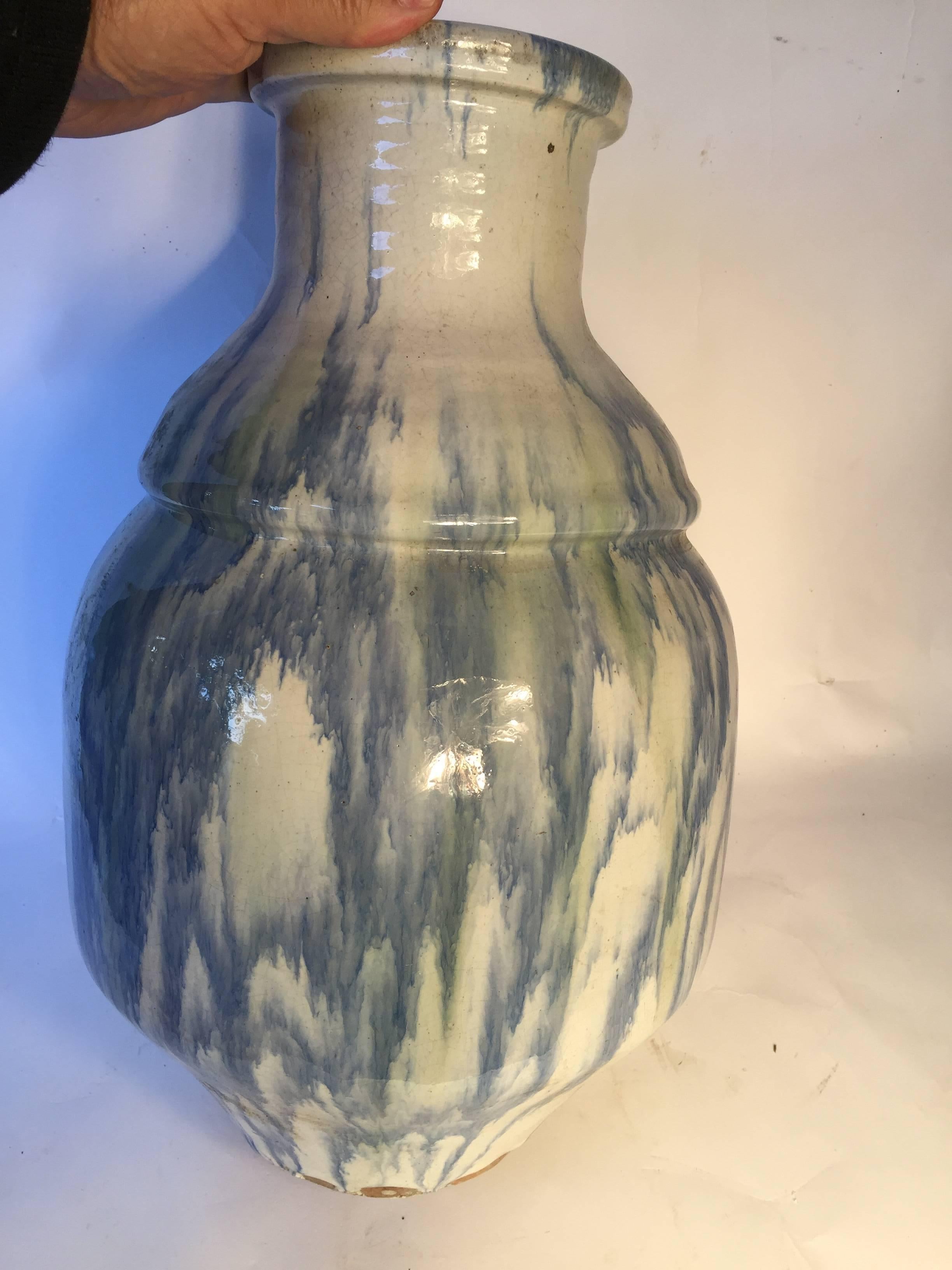 Japan Fine Large Antique Dreamy Blue Glazed Ceramic Vessel Signed In Good Condition In South Burlington, VT