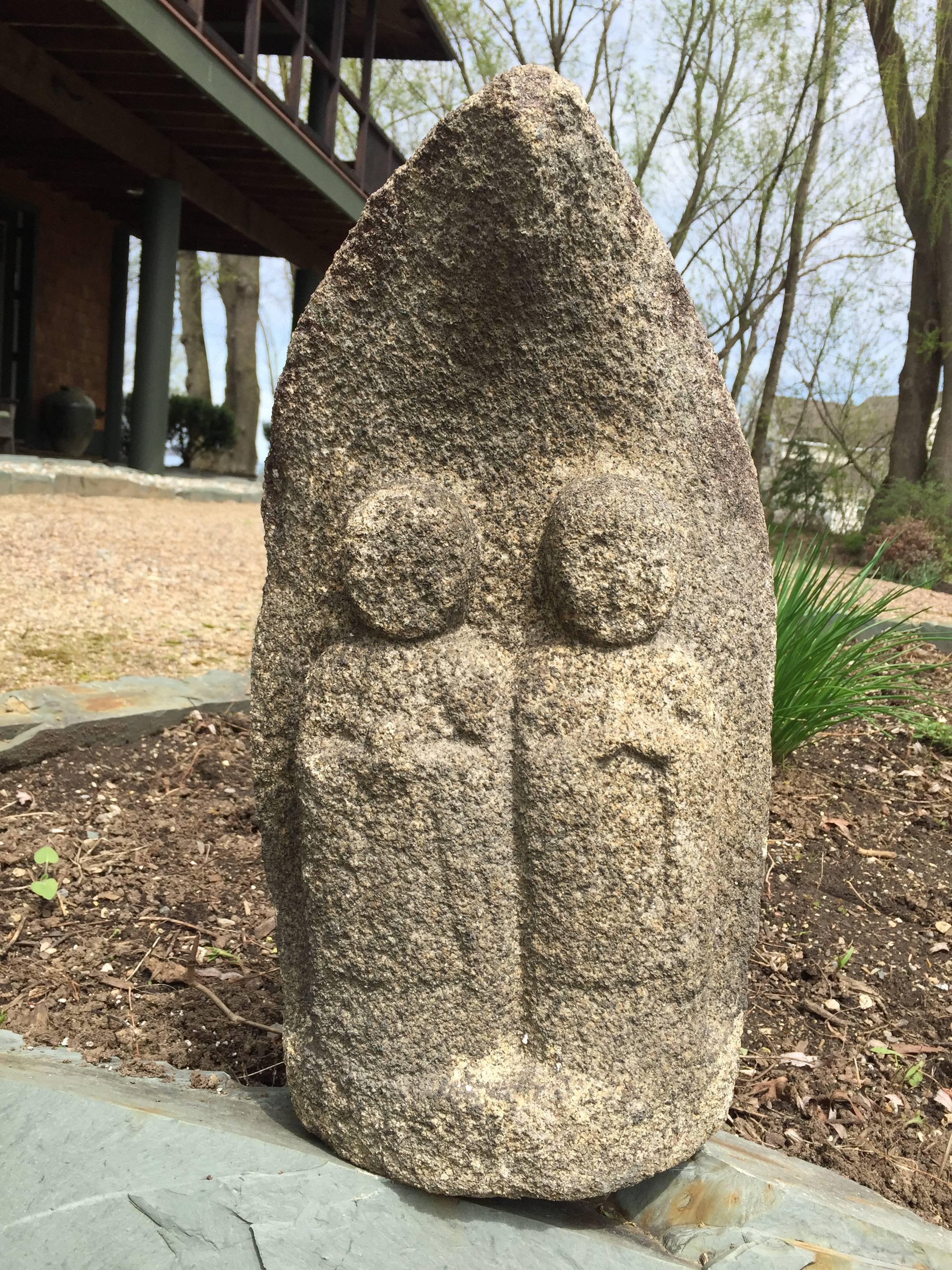 A very old circa 18th century Japanese stone Jizo Bosatsu in unusual double Jizo Desojin form stands tall in a fine Minimalist state having endured mild natural weathering from great age.

Dimensions: 18 inches tall. and 10 inches