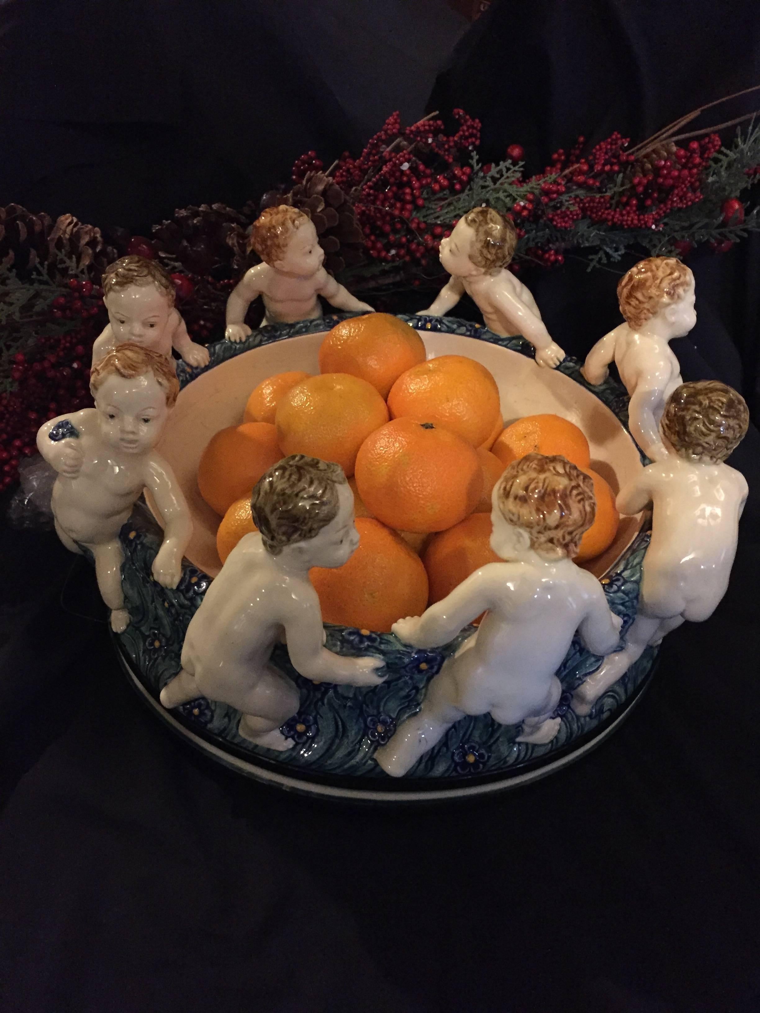 German Fine Antique Cherubs Putti Blue Porcelain Bowl, 15 inches diameter