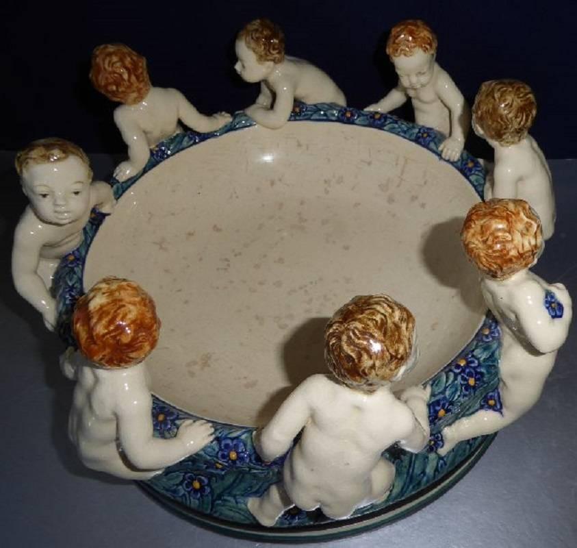 Fine Antique Cherubs Putti Blue Porcelain Bowl, 15 inches diameter In Good Condition In South Burlington, VT