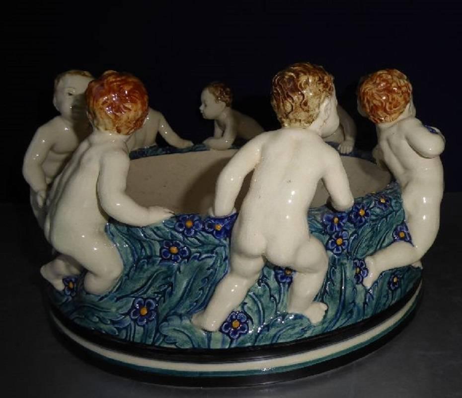 Ceramic Fine Antique Cherubs Putti Blue Porcelain Bowl, 15 inches diameter