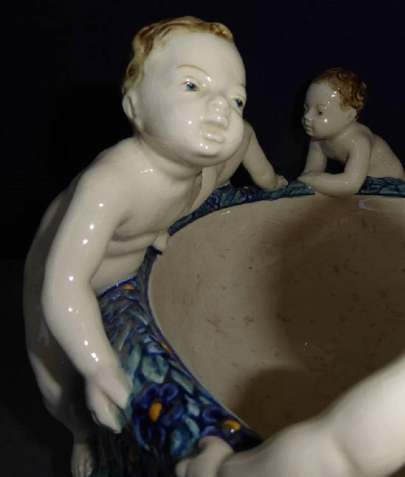 Hand-Painted Fine Antique Cherubs Putti Blue Porcelain Bowl, 15 inches diameter