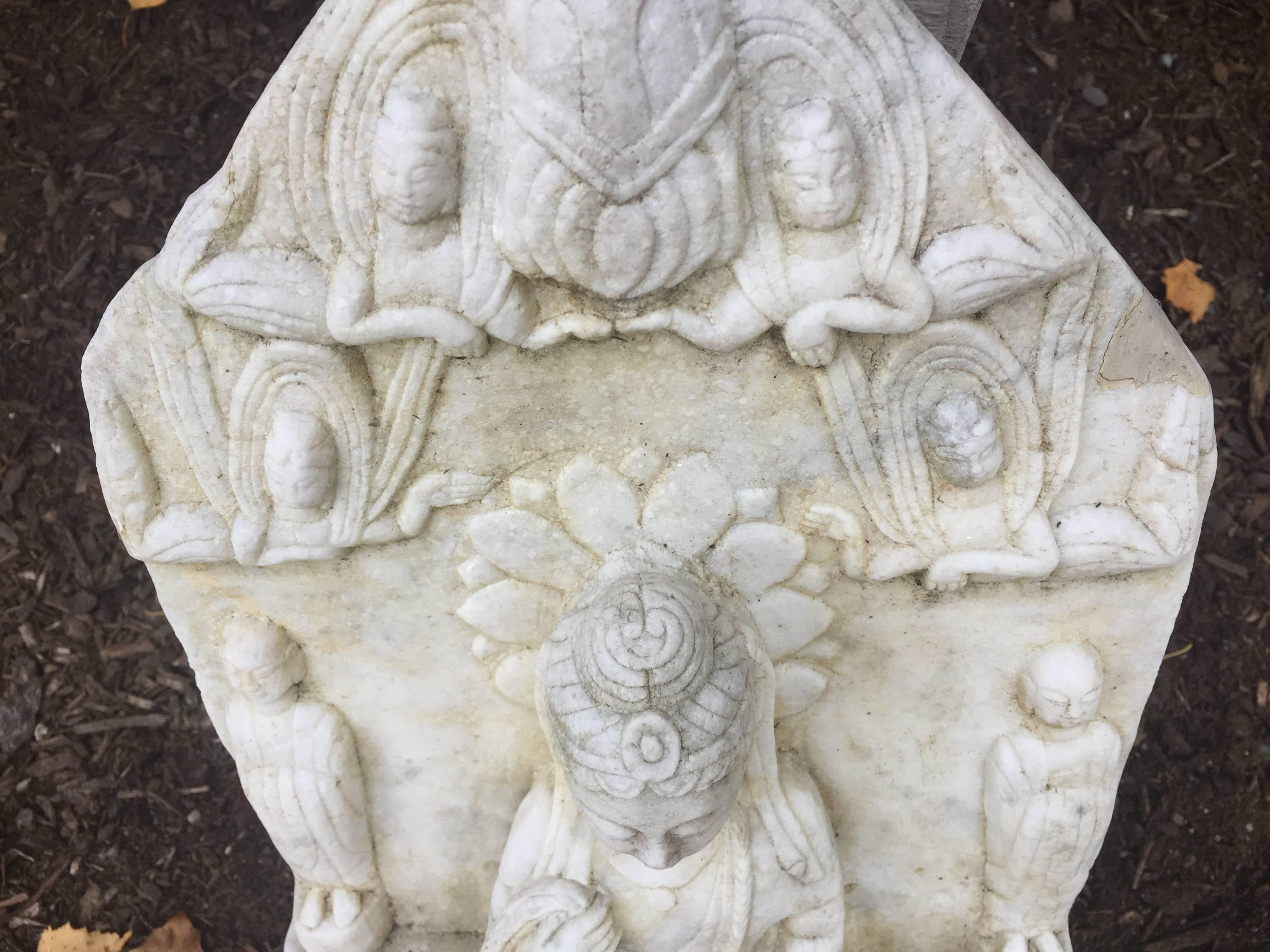 China Old Hand carved marble of Buddha & Flying Aspara Angels good garden choice In Good Condition In South Burlington, VT