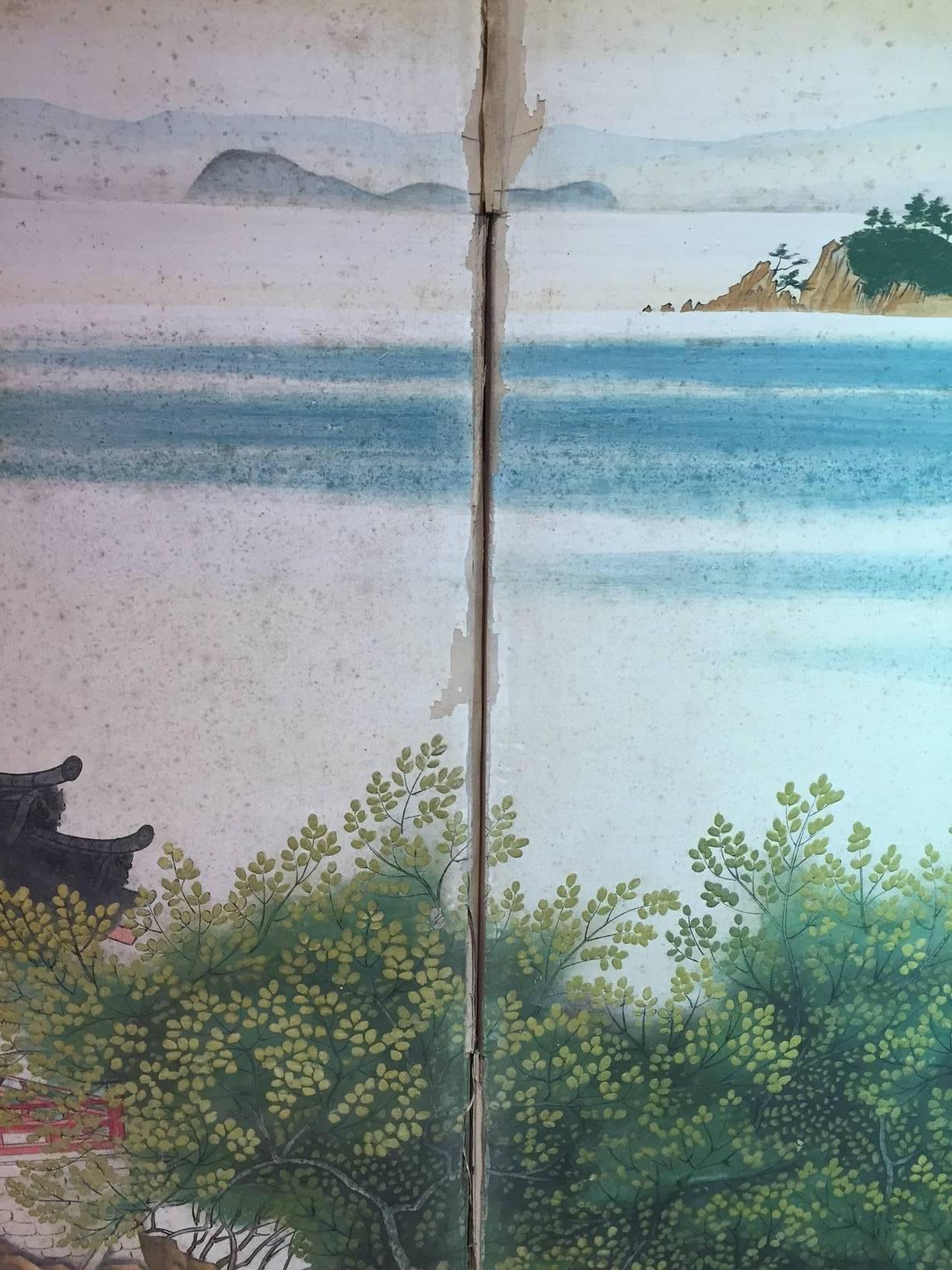 Mid-20th Century Japanese Old Blue Silk Boating Screen 