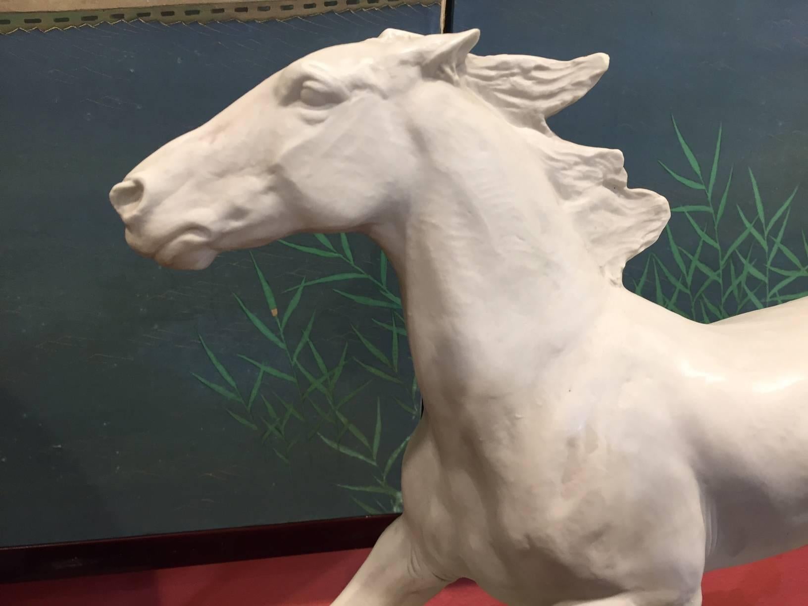 German  Fine Large Horse- Hand made Porcelain White Galloping sculpture signed