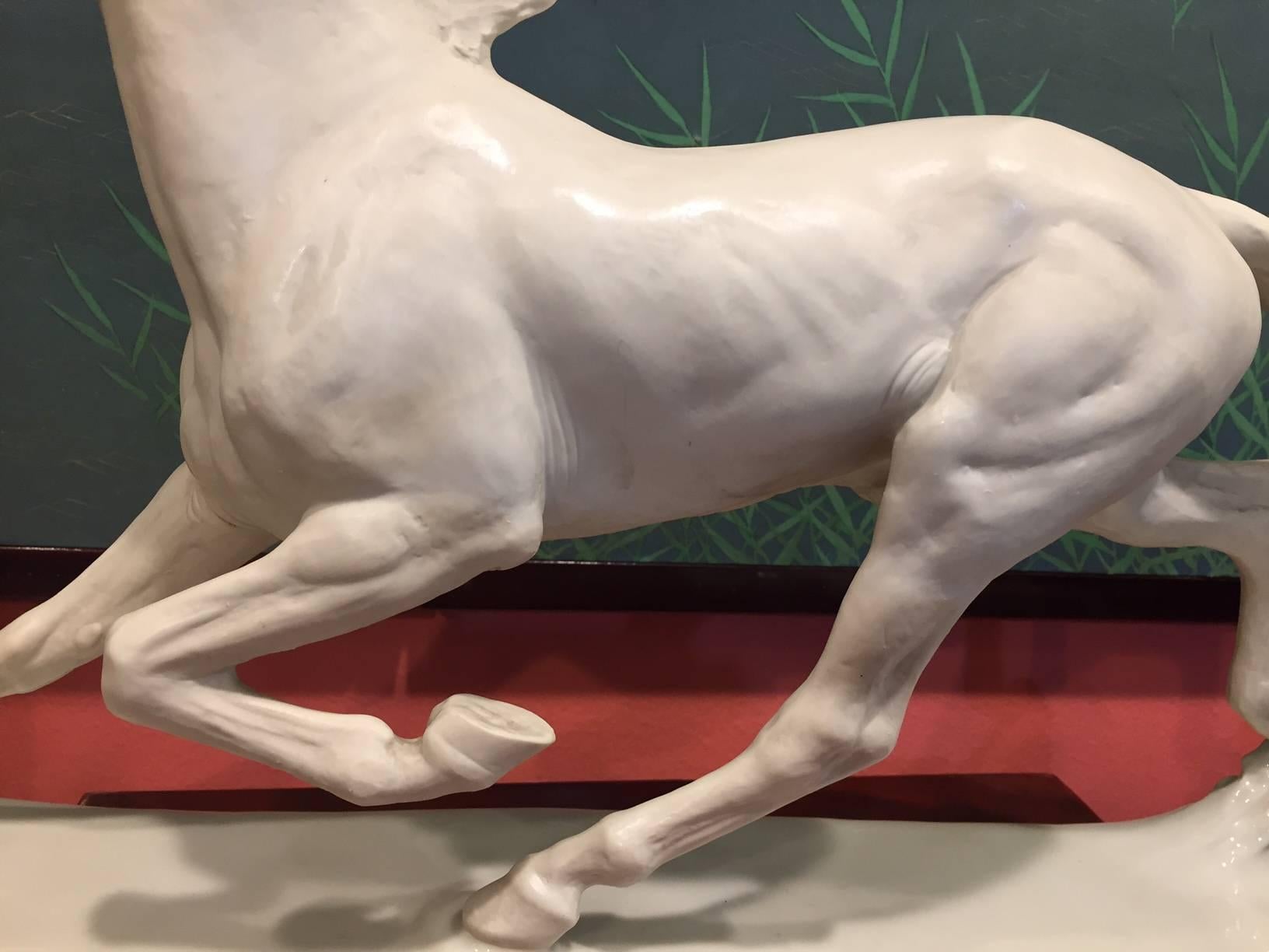 Fine Large Horse- Hand made Porcelain White Galloping sculpture signed In Good Condition In South Burlington, VT