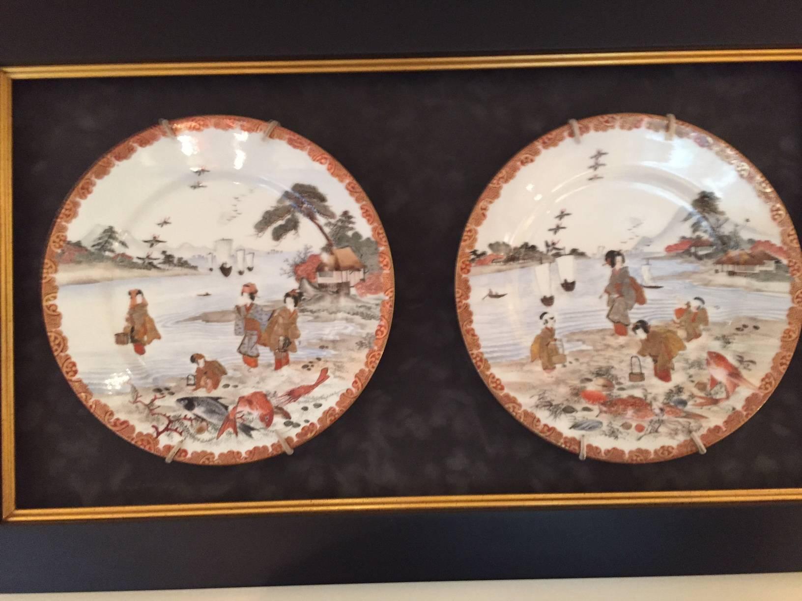 Superb Pair Antique framed Japanese SEASHORE Hand-Painted Plates, Kutani   2