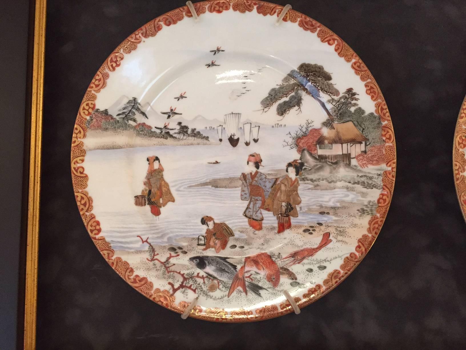 Superb Pair Antique framed Japanese SEASHORE Hand-Painted Plates, Kutani   In Excellent Condition In South Burlington, VT