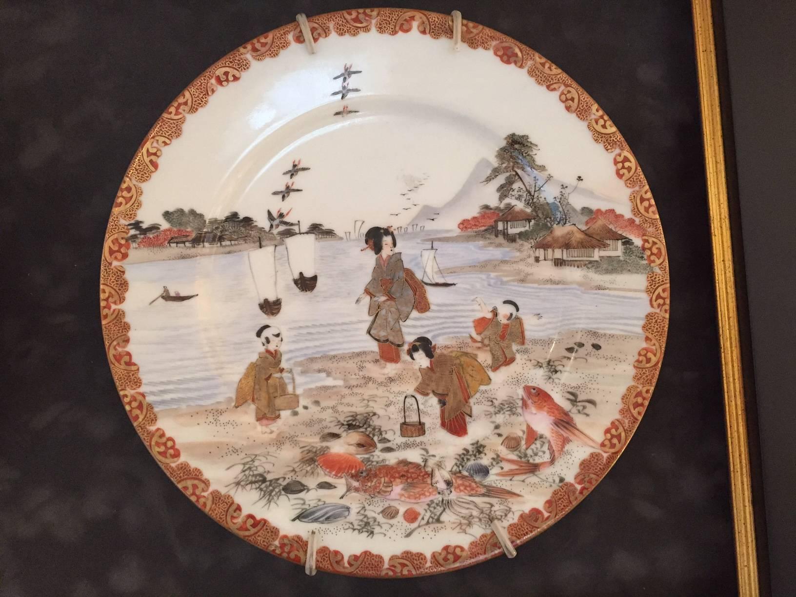 Taisho Superb Pair Antique framed Japanese SEASHORE Hand-Painted Plates, Kutani  