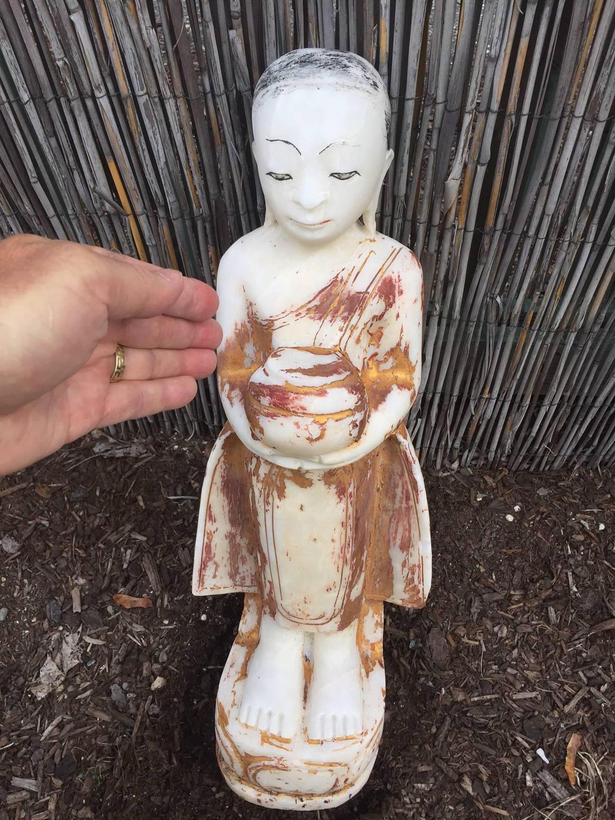 Burma  Old Hand-Carved Hand Lacquered Attendant beautiful face- garden choice In Good Condition In South Burlington, VT