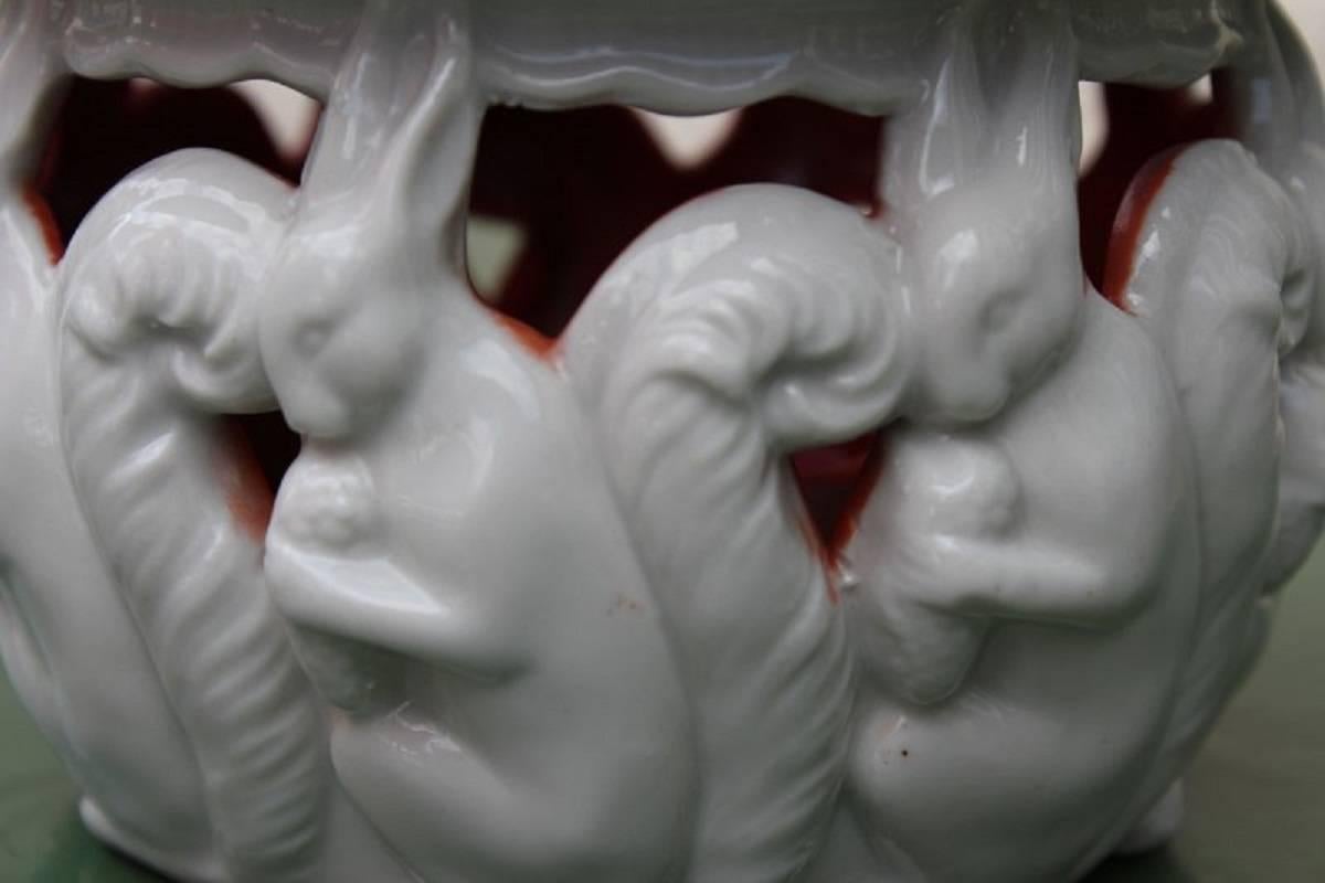 Hand-Crafted Early Contemporary White Antique Ceramic Rabbits Art Nouveau Candleholder