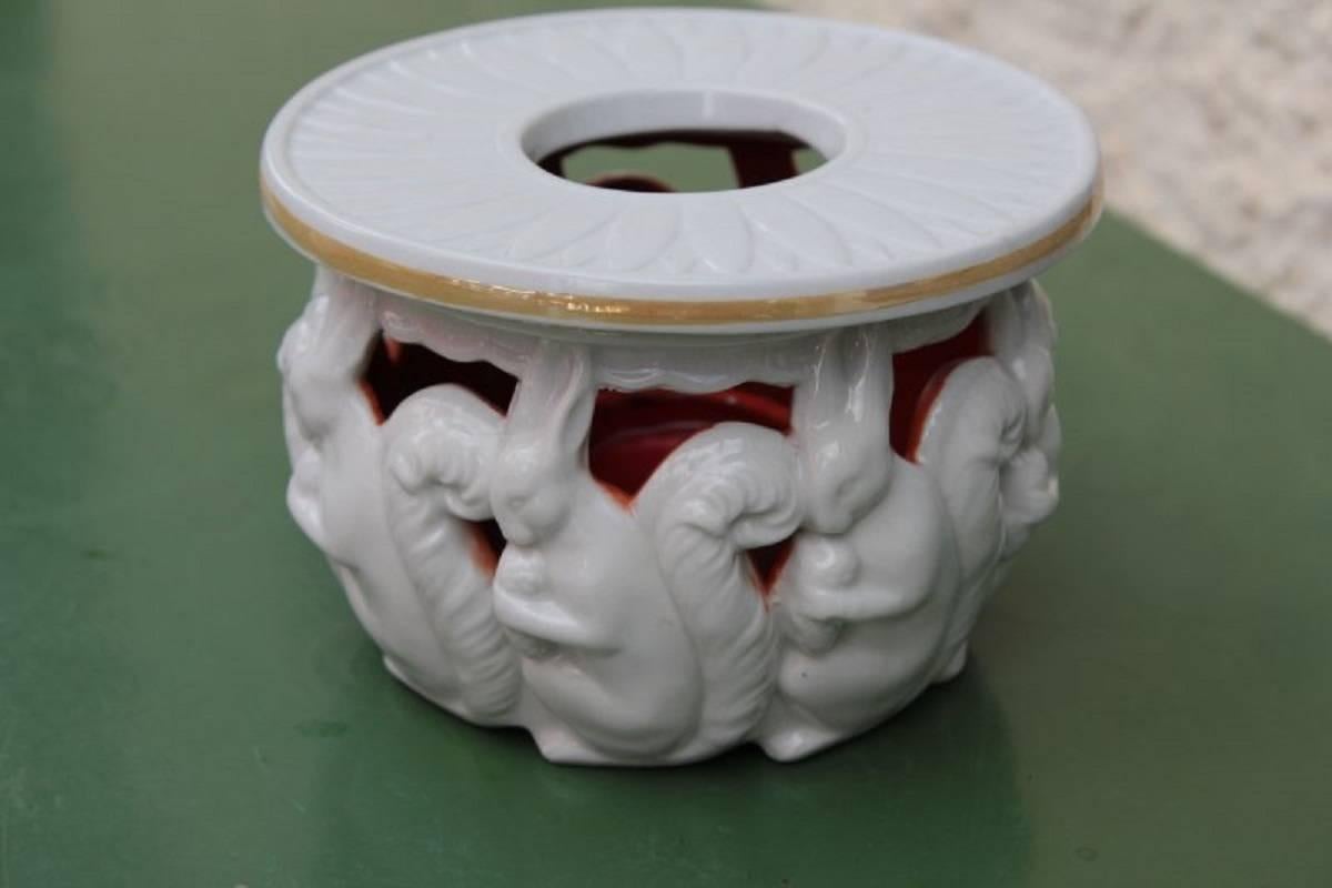 Early Contemporary White Antique Ceramic Rabbits Art Nouveau Candleholder 1