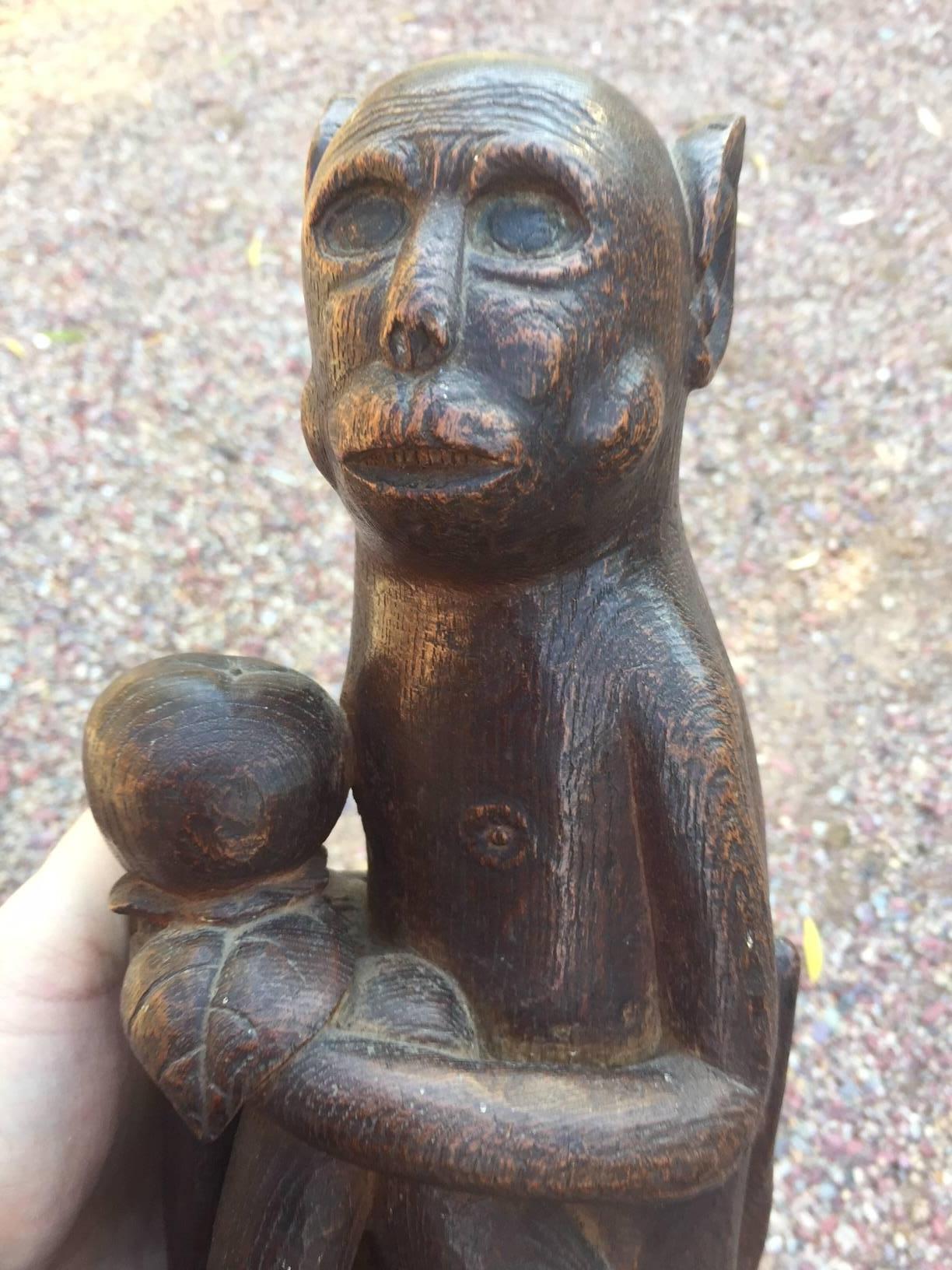 Japanese Hand-Carved Wood 19th Century Monkey Sculpture 2