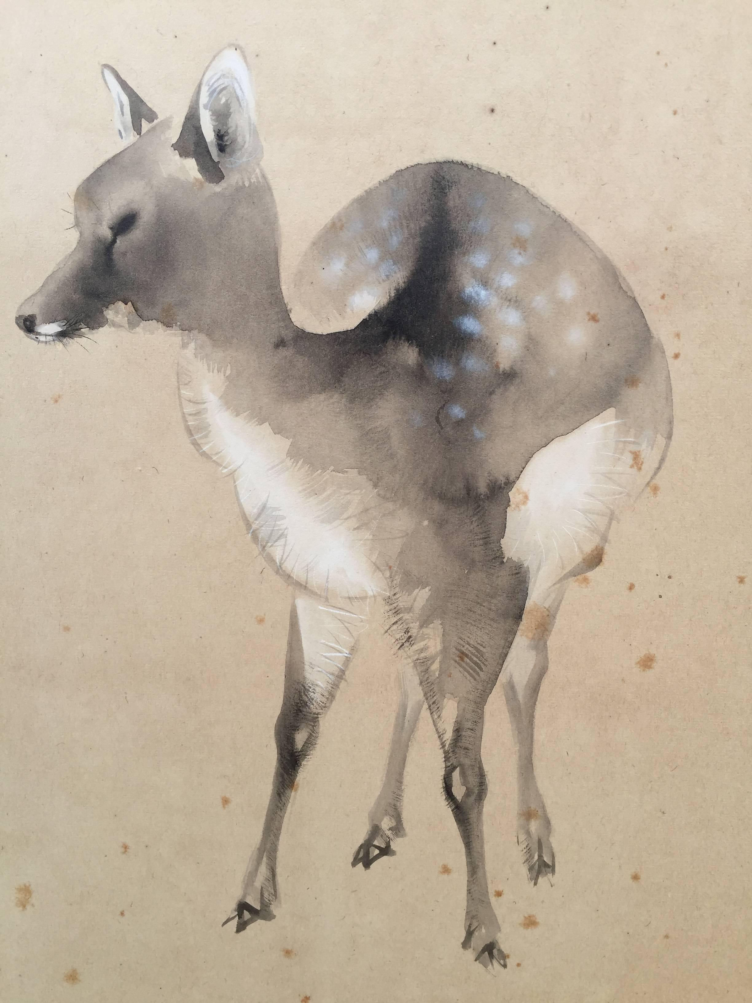 Japan two panel tea screen DEER FAMILY -a folding two-panel screen Byōbu, dating to Taisho period, 1912-1926

It is signed Aoki YaSuko (b.1880~), a Japanese painter from Aichi prefecture. 

This is one of a pair- the other a beautiful nature
