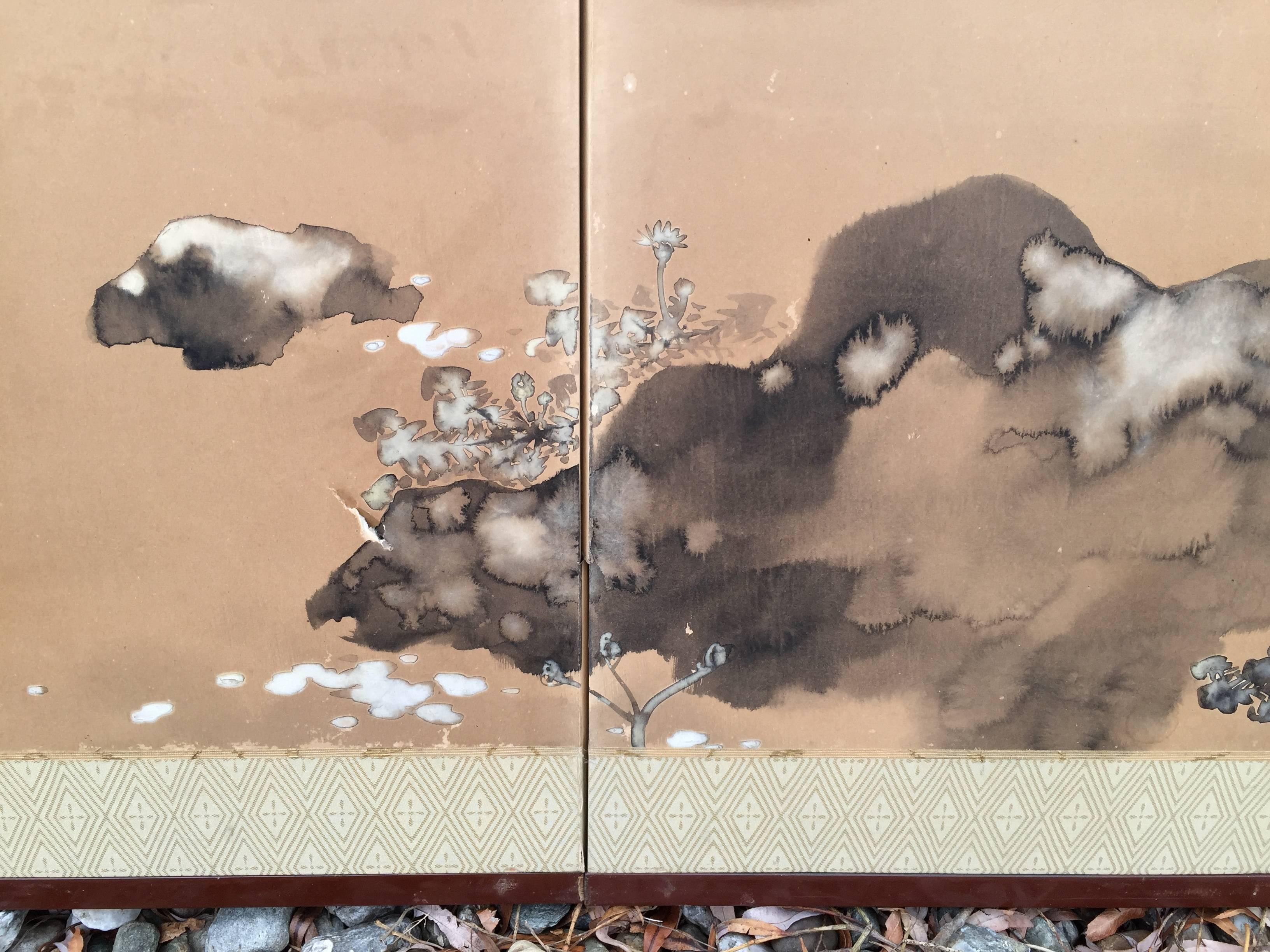Taisho Japan  PLAYFUL RABBITS Antique Two-Panel Tea Screen  1916