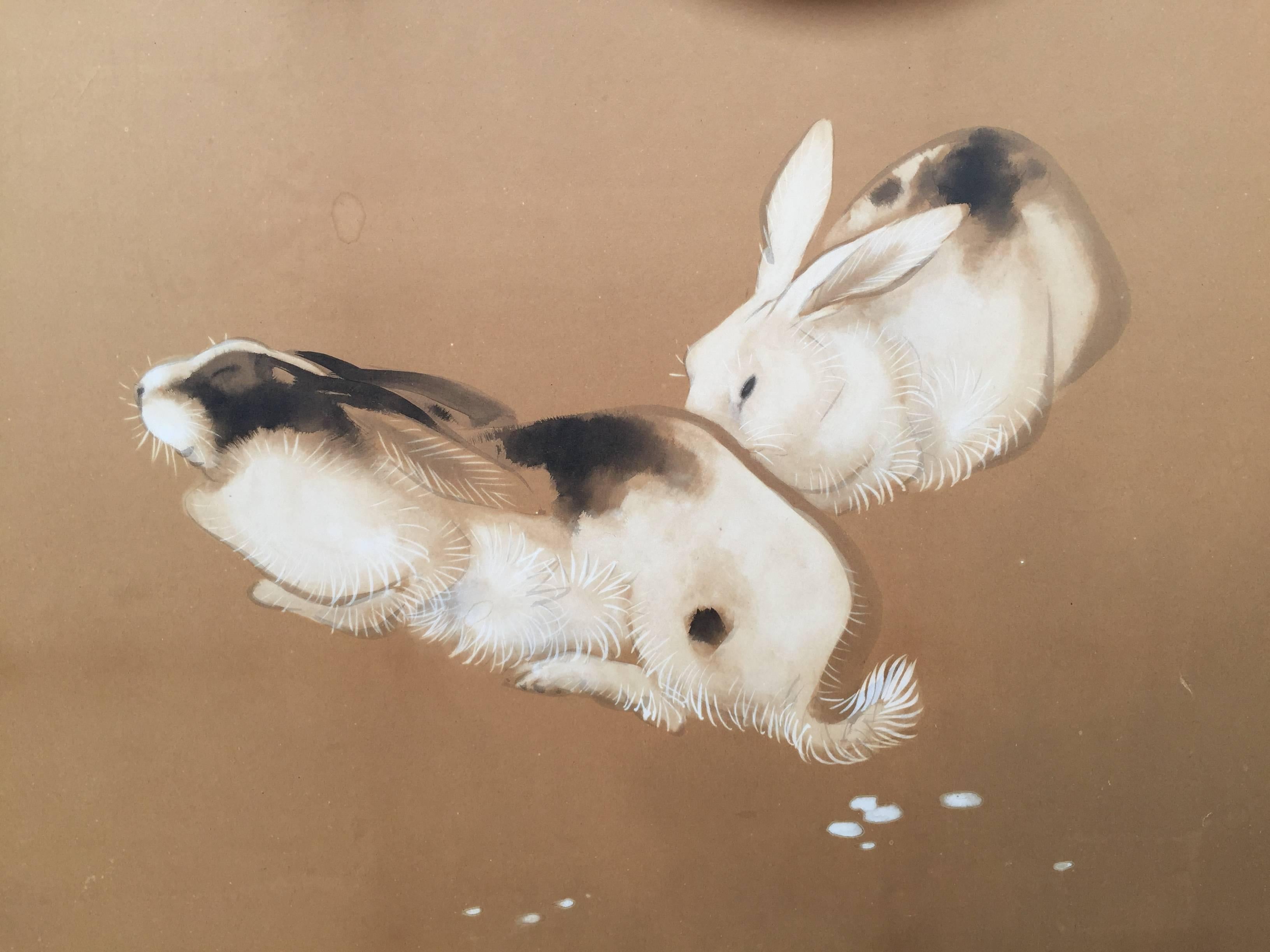 Japan lovely two panel silk tea screen  PLAYFUL RABBITS  a folding two-panel screen Byōbu, dates in the Taisho  period, 1916

It is signed Aoki YaSuko  (1880- ), a Japanese painter  from Aichi prefecture. 

Dimensions: 68.75 high and 74 inches wide