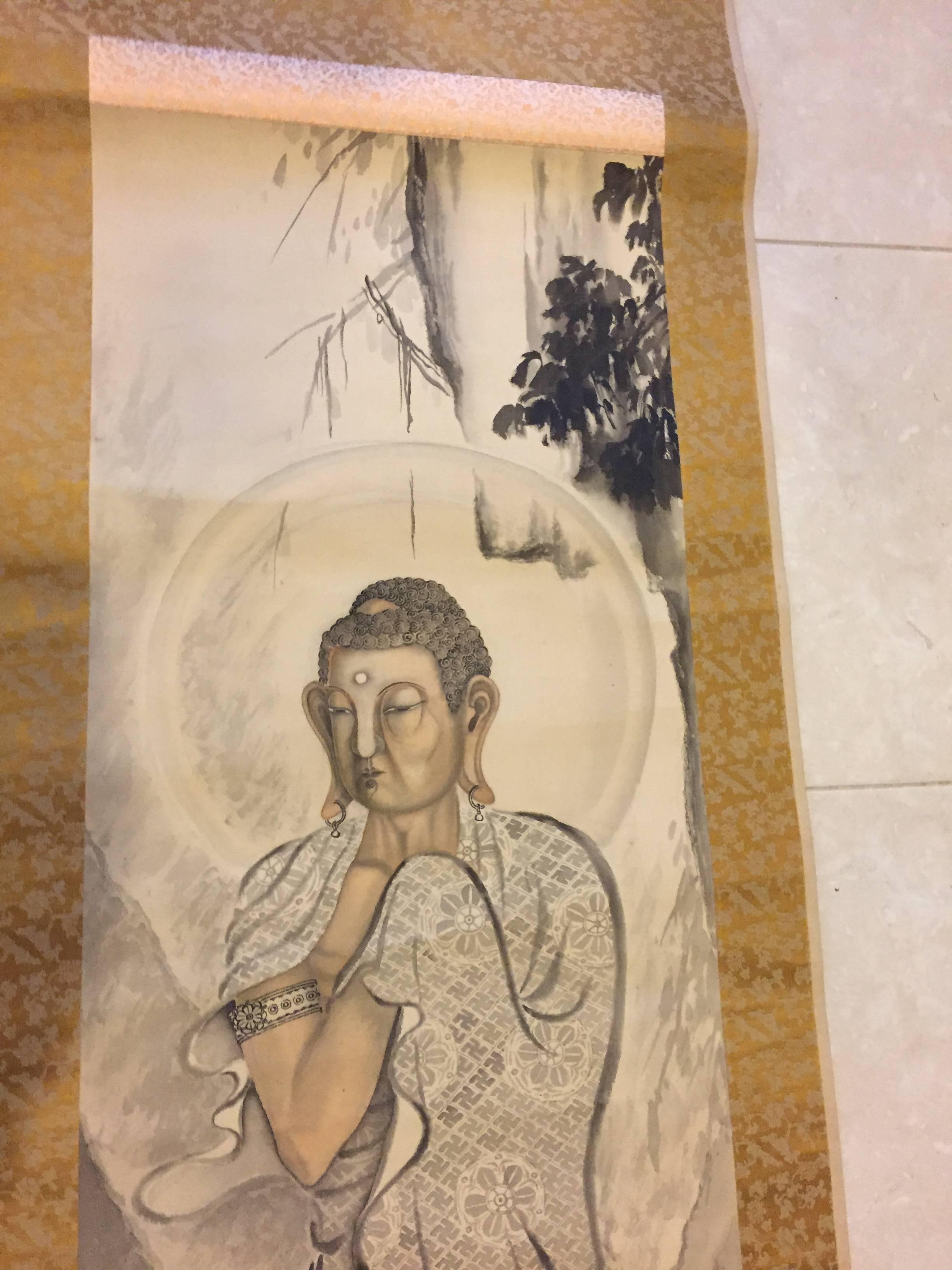 Taisho Japan Elegant Gautama Buddha, Hand-Painted Scroll on Silk
