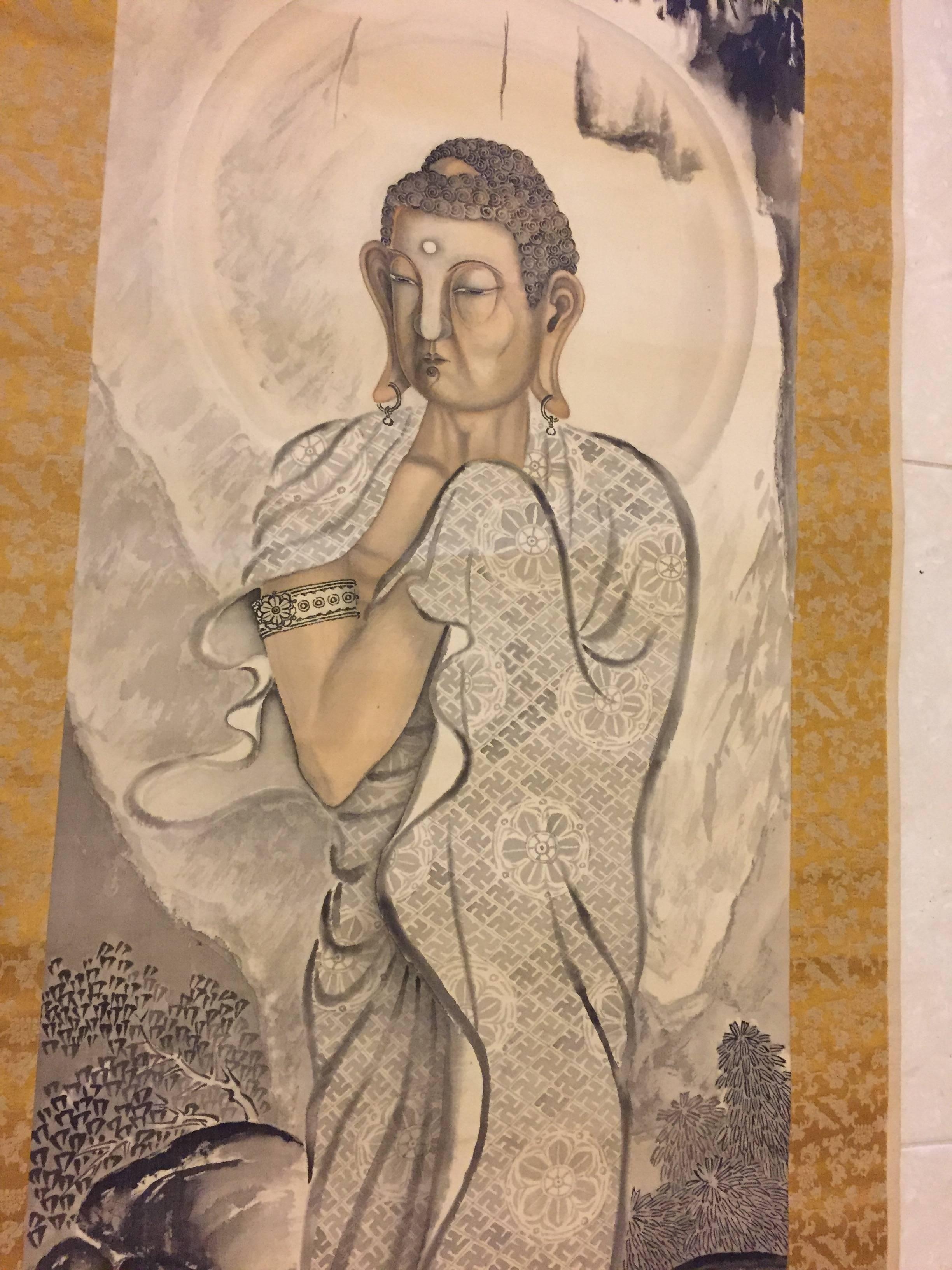 Japanese Japan Elegant Gautama Buddha, Hand-Painted Scroll on Silk