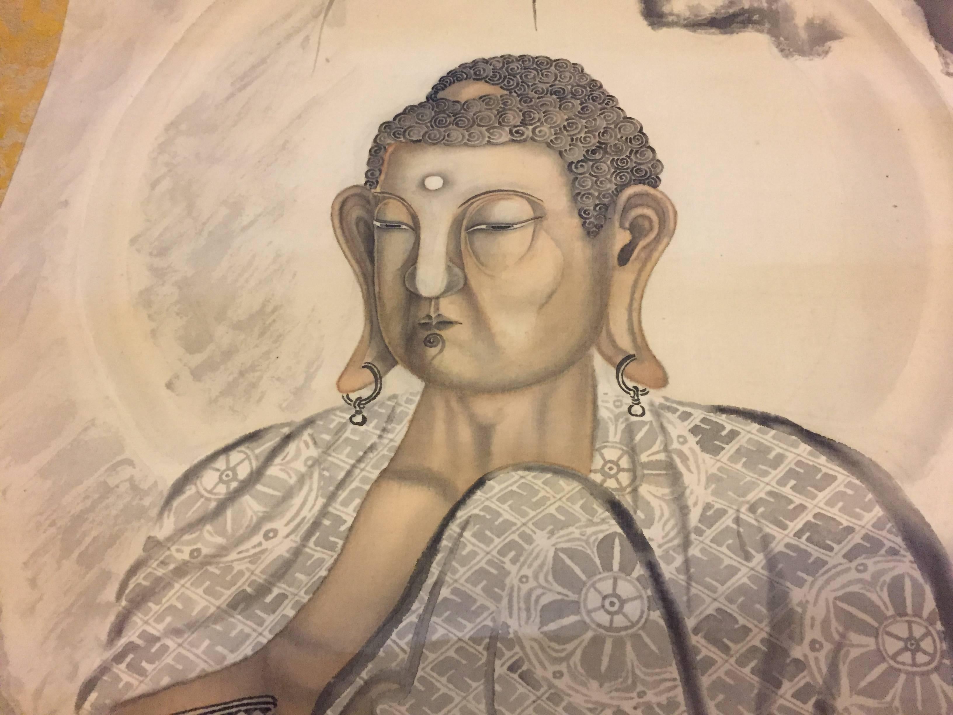 Japan Elegant Gautama Buddha, Hand-Painted Scroll on Silk In Good Condition In South Burlington, VT