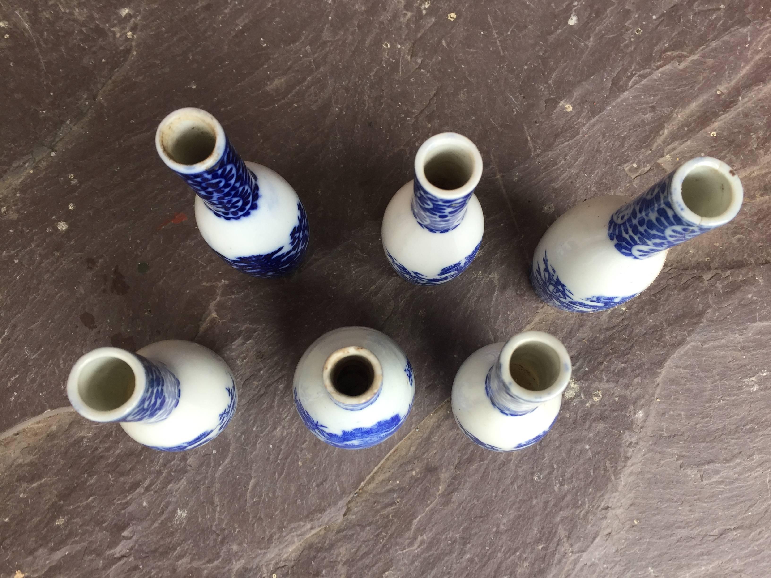 Collection of Six Antique Blue and White Porcelain Collector Bottles In Good Condition In South Burlington, VT