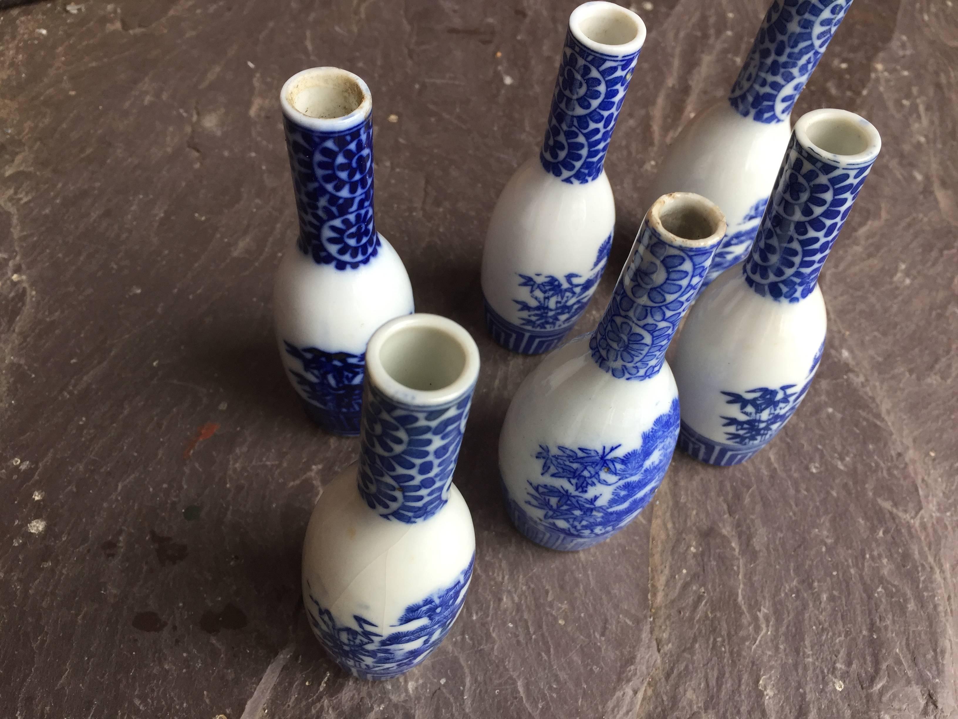 Collection of Six Antique Blue and White Porcelain Collector Bottles 2