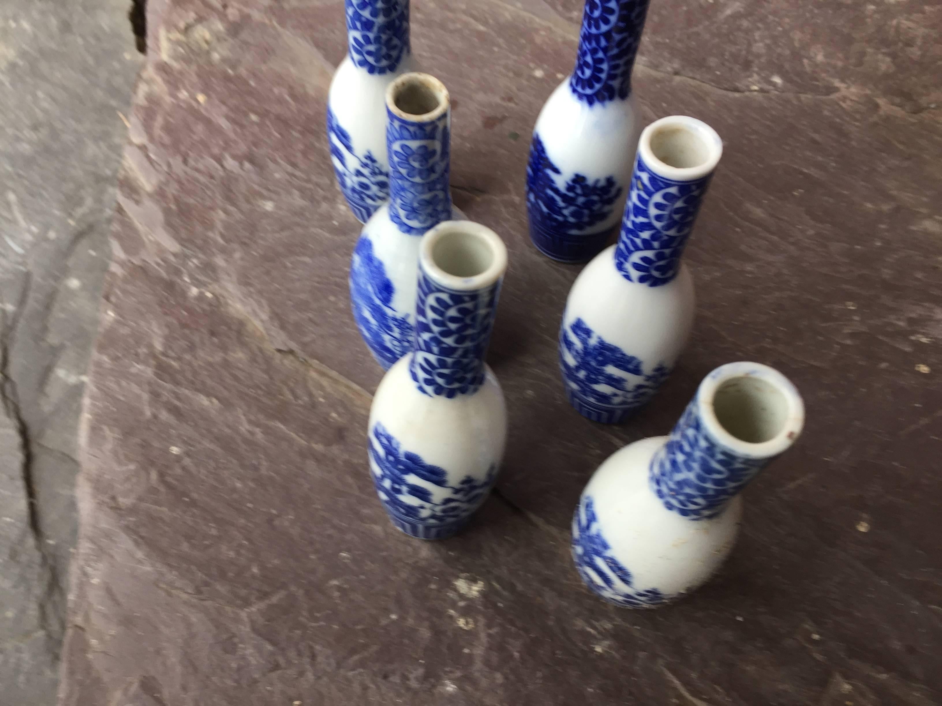 Collection of Six Antique Blue and White Porcelain Collector Bottles 3