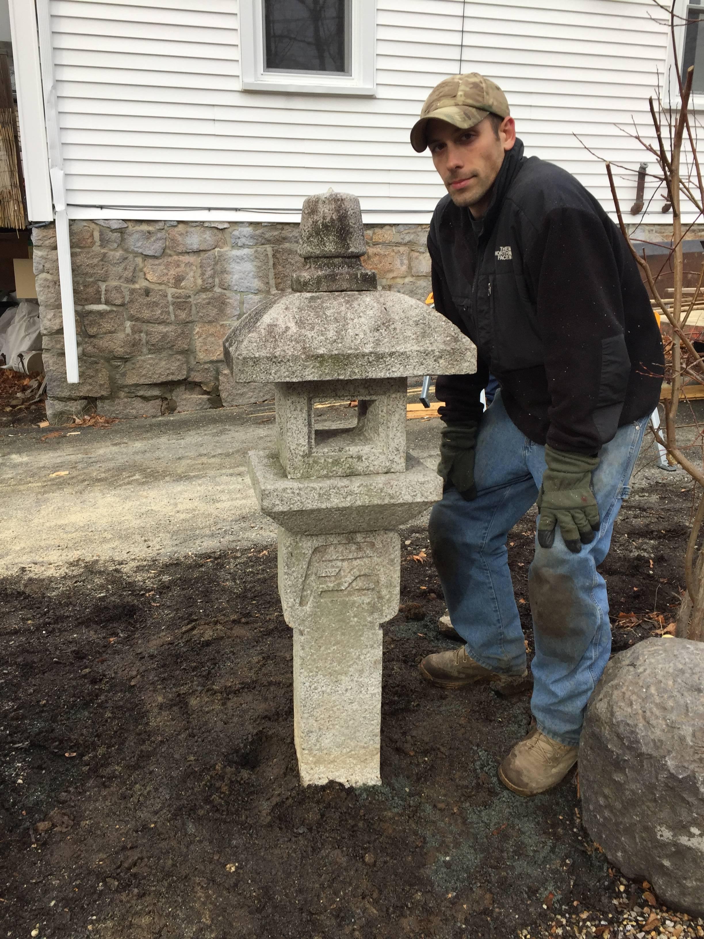 Japan “Oribe” granite stone lantern , five pieces, 55? high, very nice old patina from good age, early to mid-20th century.
Sanskrit incising on base. A beautiful style ideal for most gardens.

Dimensions: 52 inches high and 18 inches wide

The