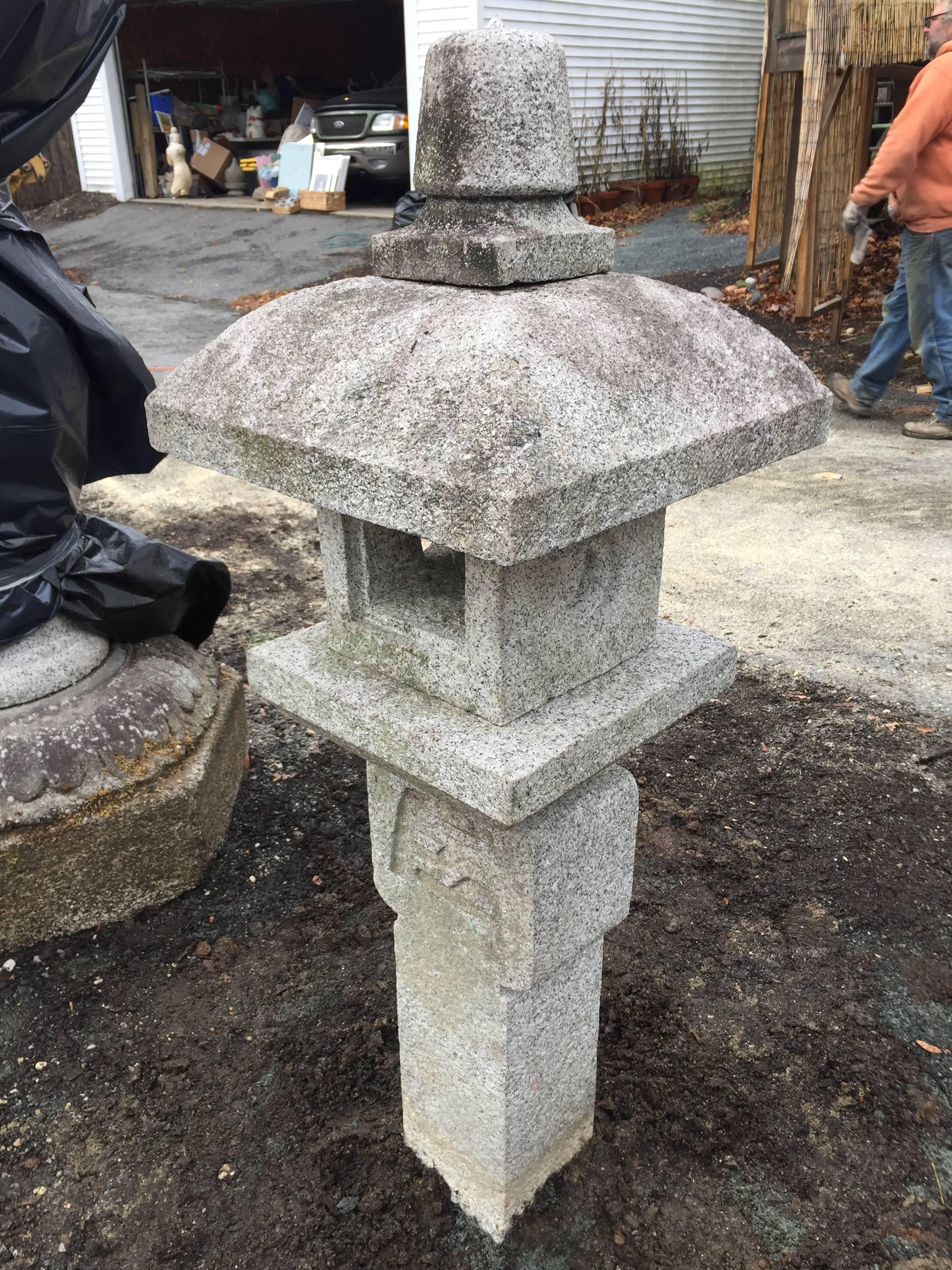 Japanese Japan Old “Oribe” Granite Stone Lantern with Sanskrit Incising on Base