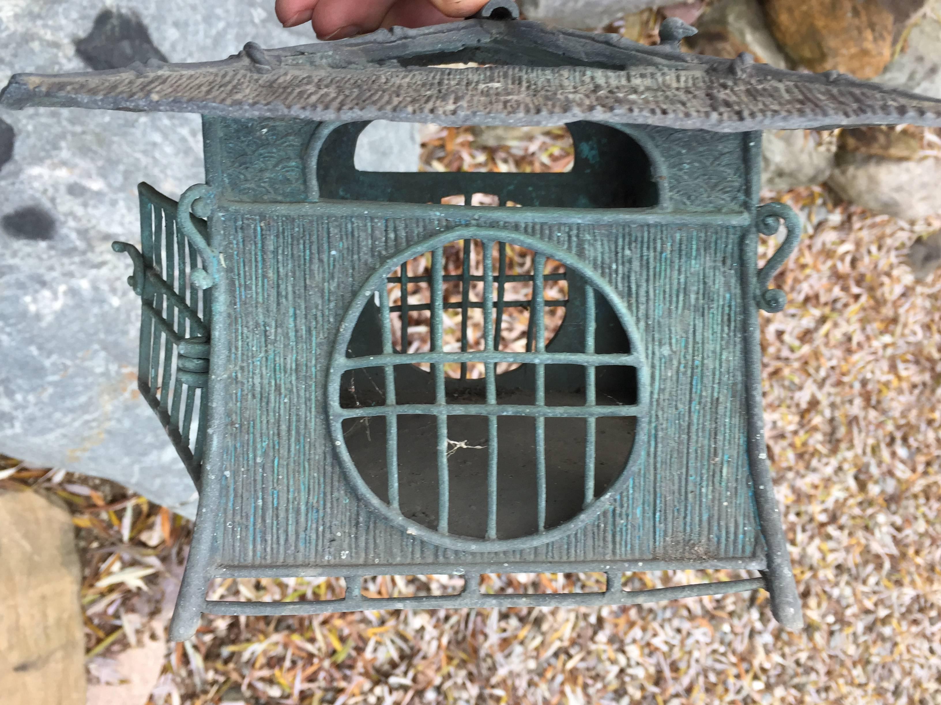 Japanese Hand made Bronze BIRD ON ROOF Lantern with Green Patina In Good Condition In South Burlington, VT