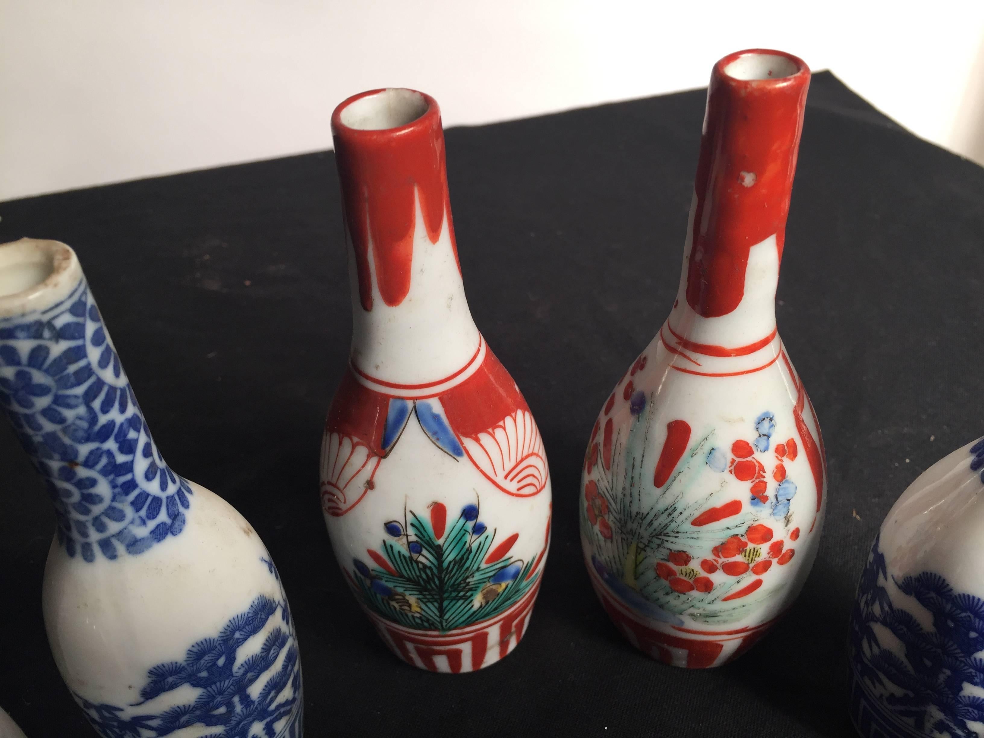 Glazed Japanese Antique Hand-Painted Ceramic Sake Bottles Collection, 19th Century
