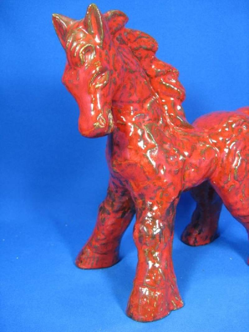 Hand-Painted Antique Master Work Large Handcrafted Horse Red Pony Mid-Century Modern