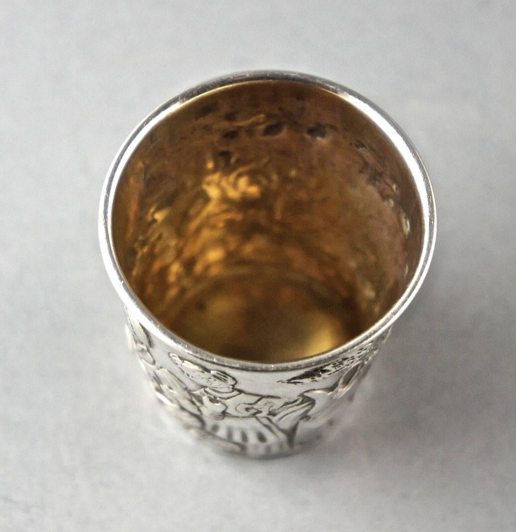 German Fine Old Antique Silver Schnapps Drinking Cup Carved Revelers, 19th Century