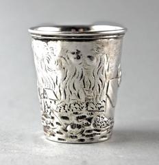 Fine Old Antique Silver Schnapps Drinking Cup Carved Revelers, 19th Century