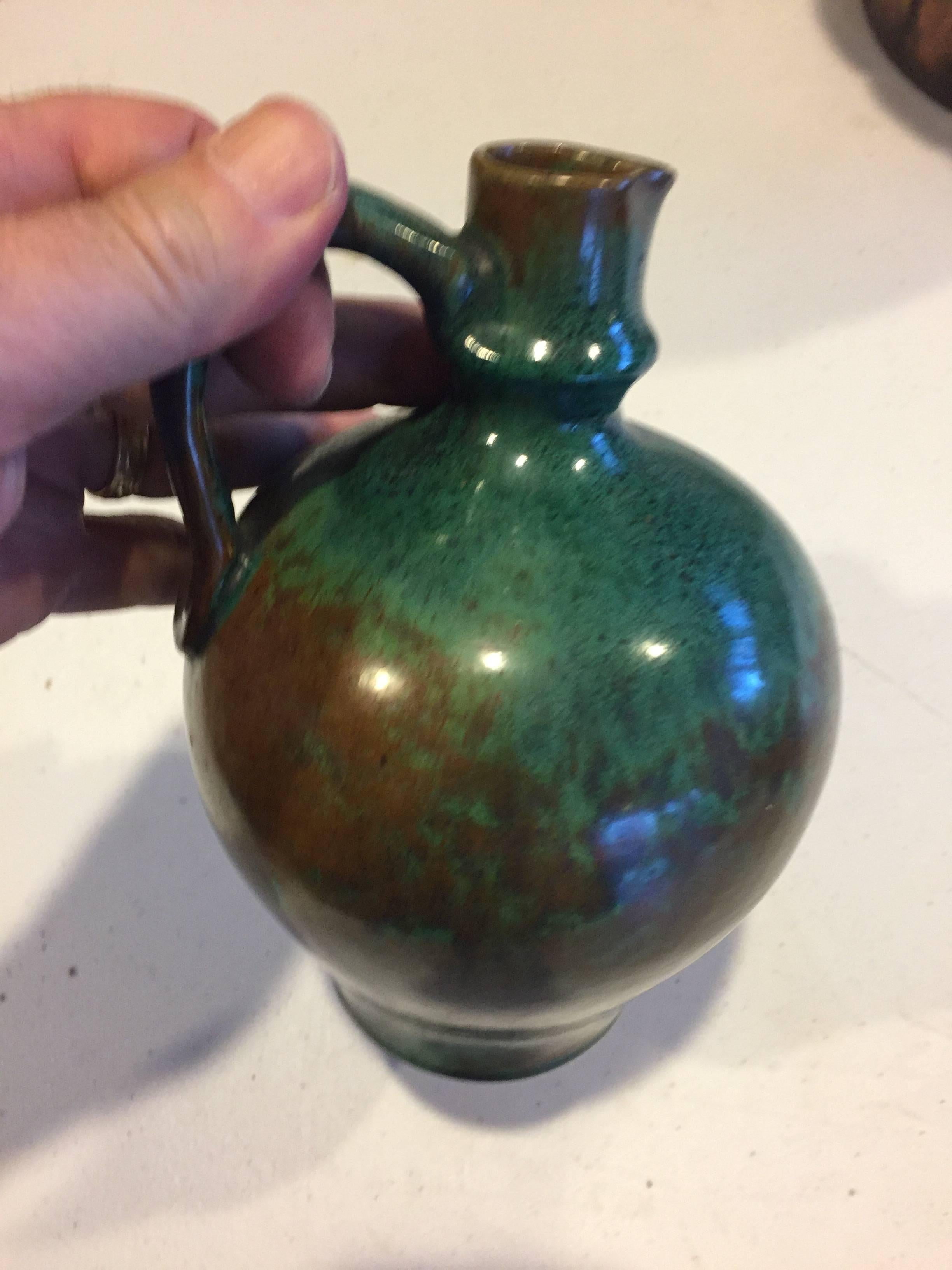 Art Deco Early Contemporary HandMade Hand Glazed, 1930s Pitcher Vase Brilliant Blue Green