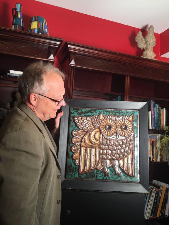 Large Scale Hand Made, Hand Painted Framed Master Work Ceramic OWL Mid