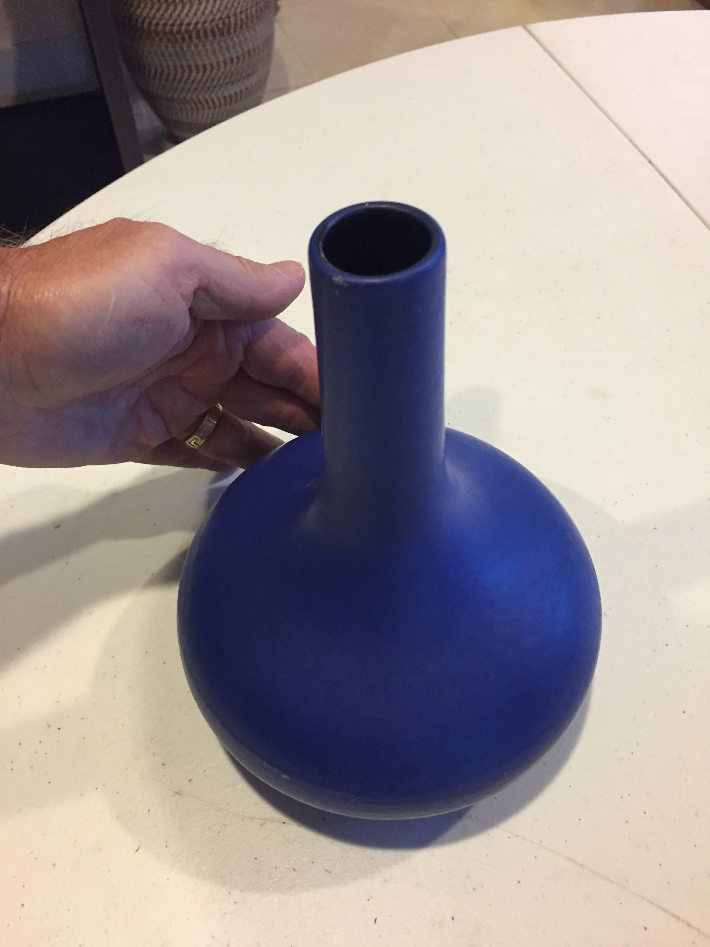 German Early Contemporary Handmade Hand Glazed Blue Tapered Bottle Form Vase