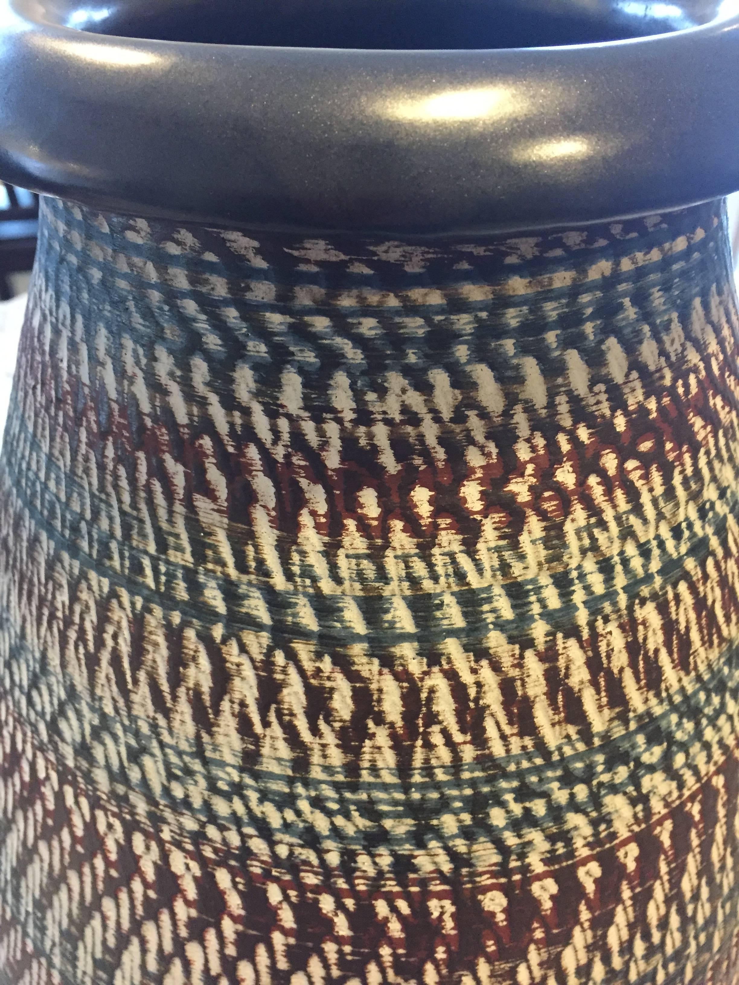 Early Contemporary Tall Hand Made Hand Painted Vase Earth Tones, 1950 In Good Condition In South Burlington, VT