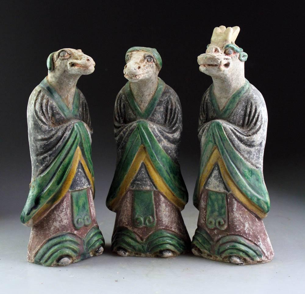 Glazed Important Ancient Chinese Ming Zodiac Complete Collection Sculptures,  1368-1644