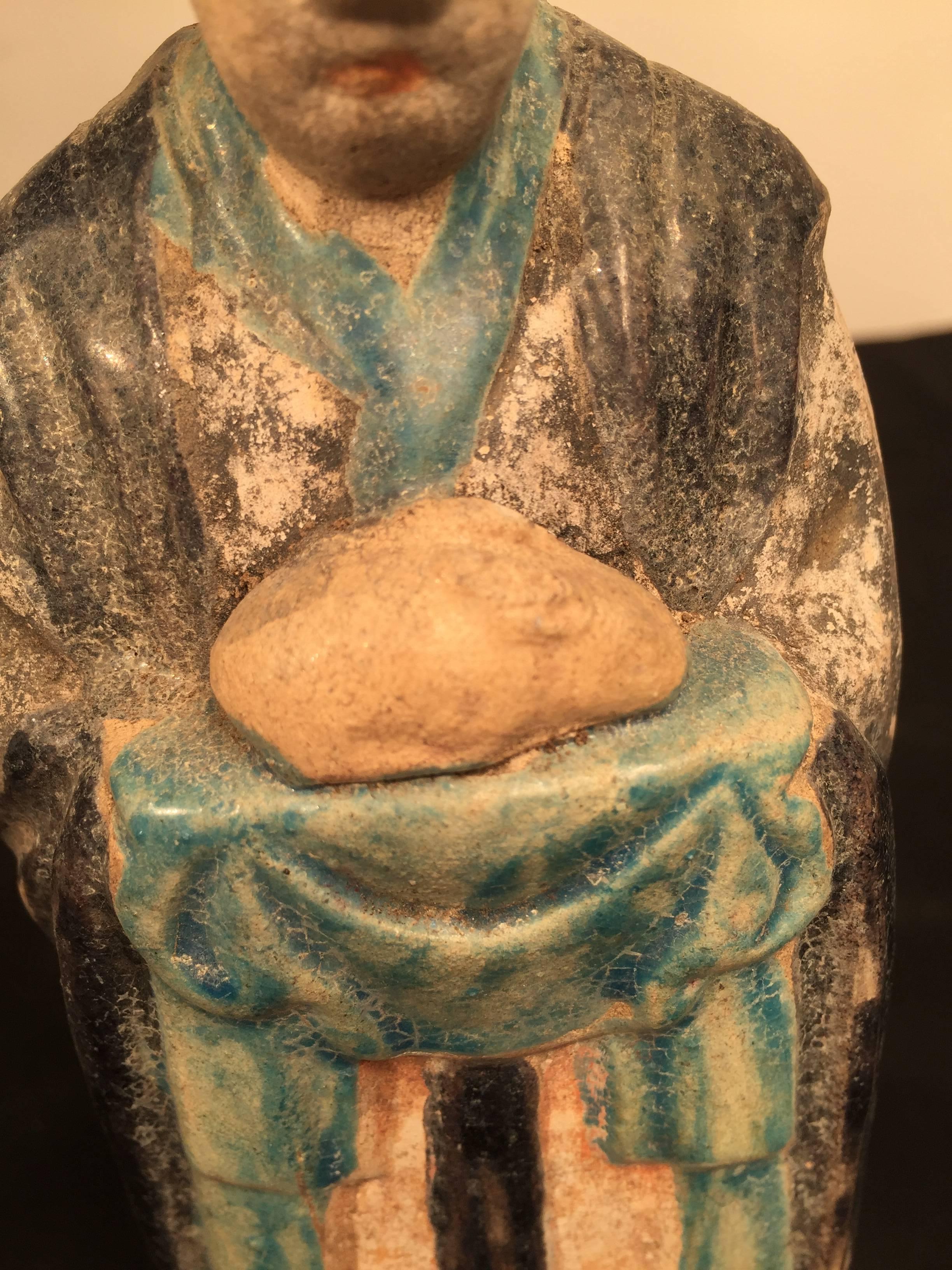 Glazed Important Ancient Chinese Zodiac Figure Holding a Rabbit, Ming Dynasty 1368-1644