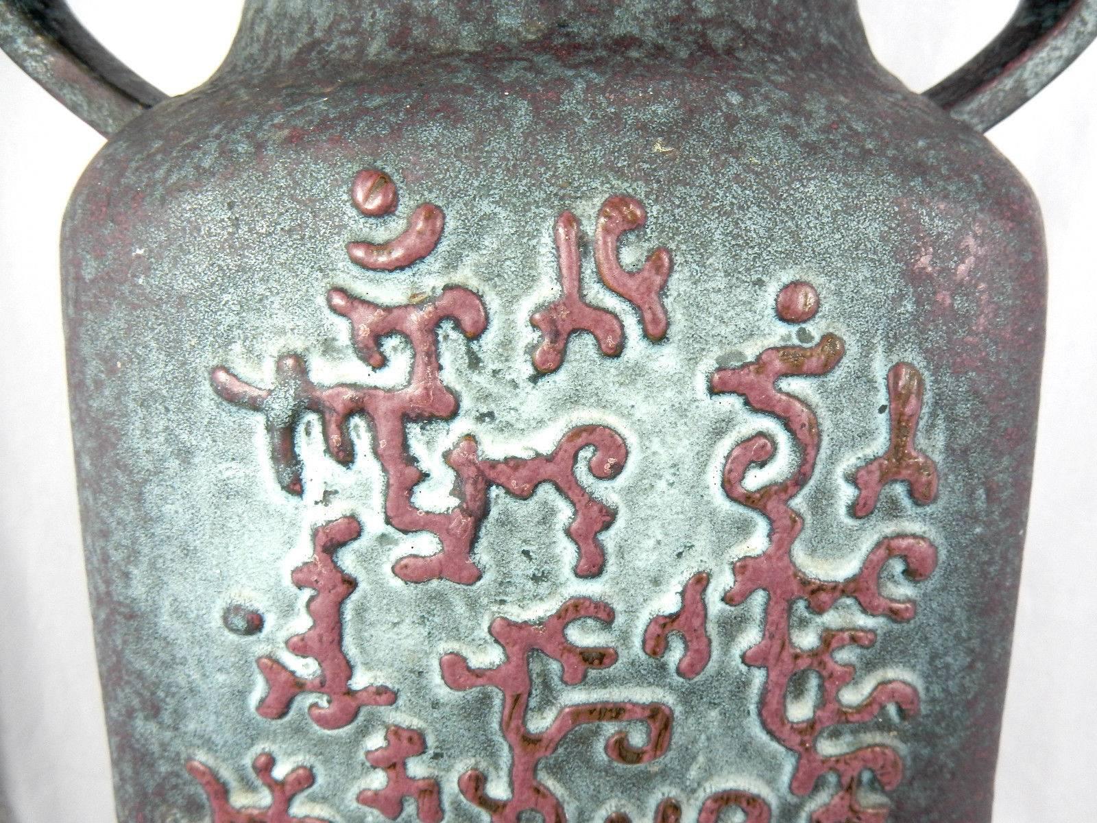 German Early Contemporary Handmade Hand Glazed Carved Relief Ancient Script Vase