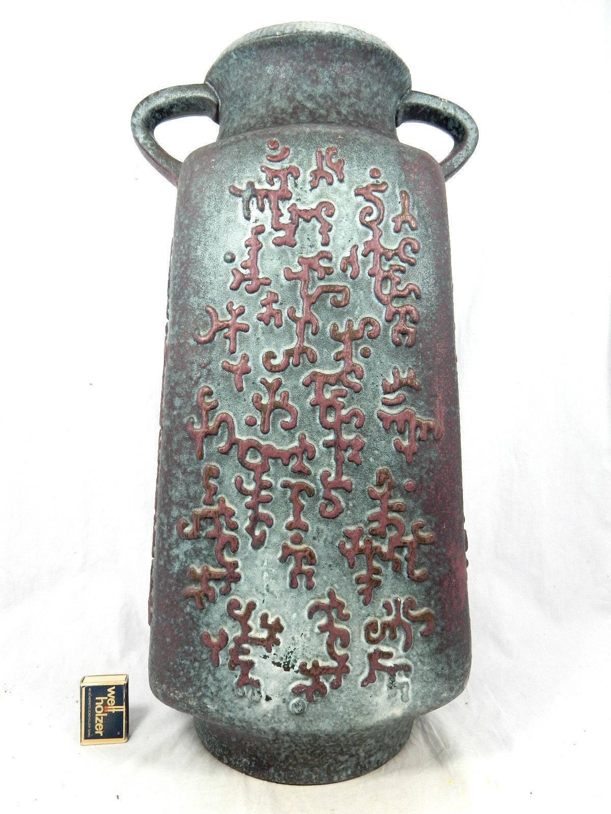 Early Contemporary Handmade Hand Glazed Carved Relief Ancient Script Vase In Excellent Condition In South Burlington, VT