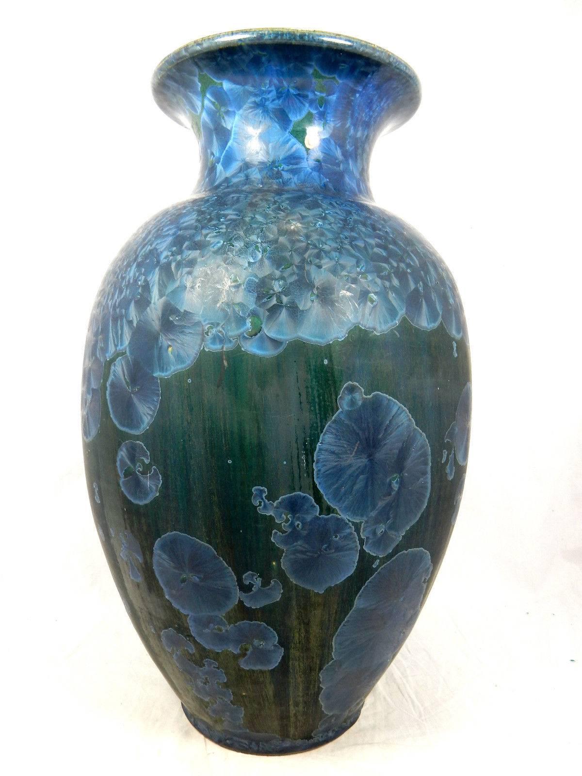20th Century Tall Arts and Crafts Blue Crystal Flower Glazed Vase Stunning Colors