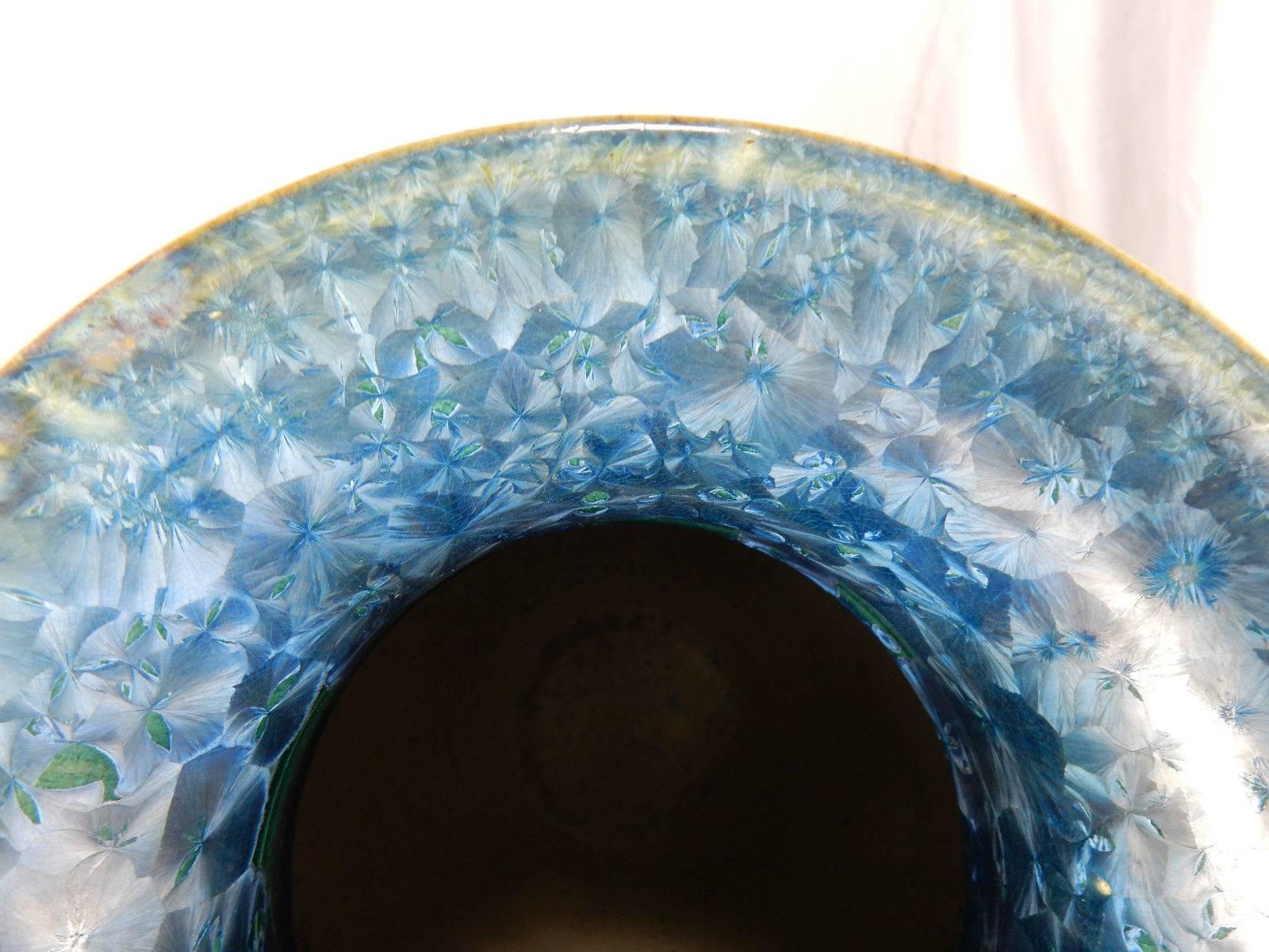 Pottery Tall Arts and Crafts Blue Crystal Flower Glazed Vase Stunning Colors