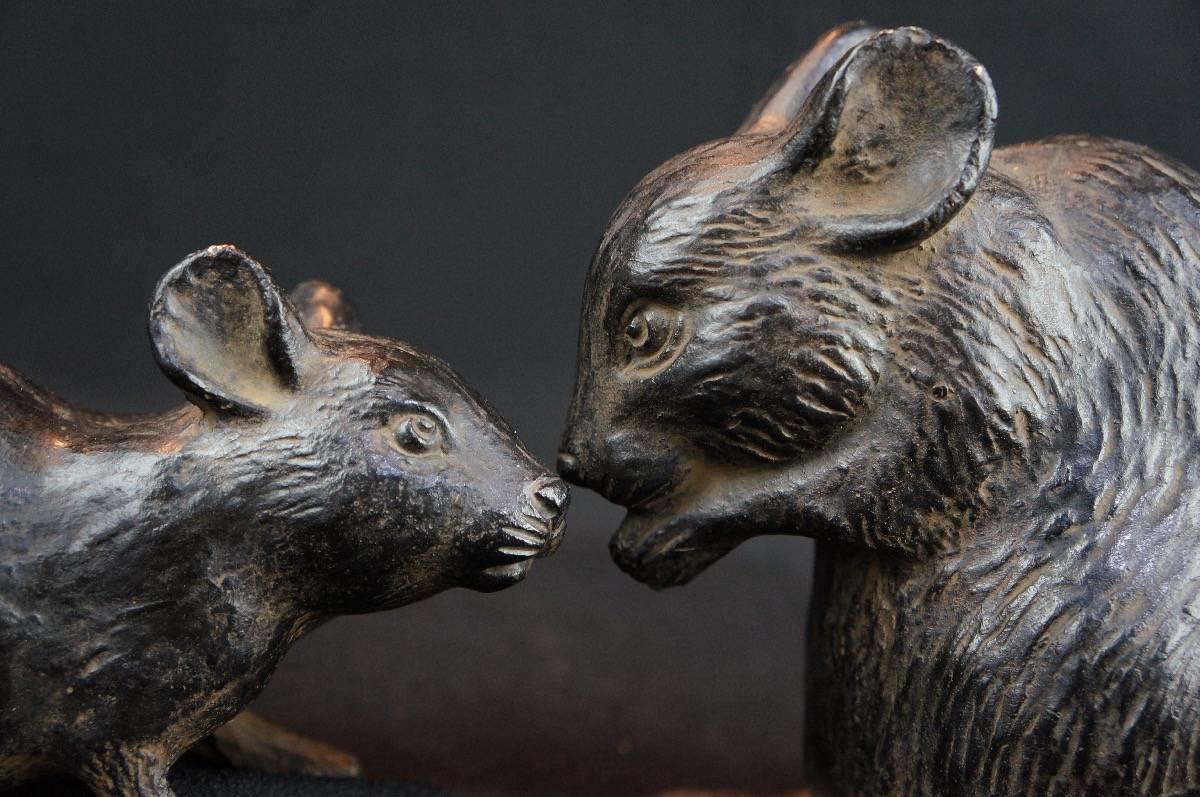 Hand-Crafted Japan  Antique Solid Cast Bronze Pair of Mice Nezumi , Meiji 1900
