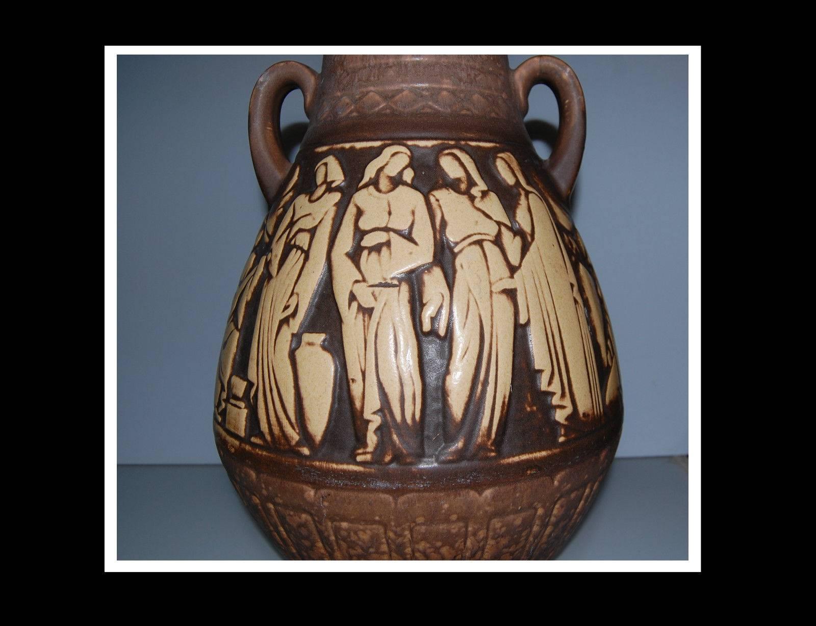 Amphora Hand Relief Carved Vase Greek Muses and Arts In Excellent Condition In South Burlington, VT