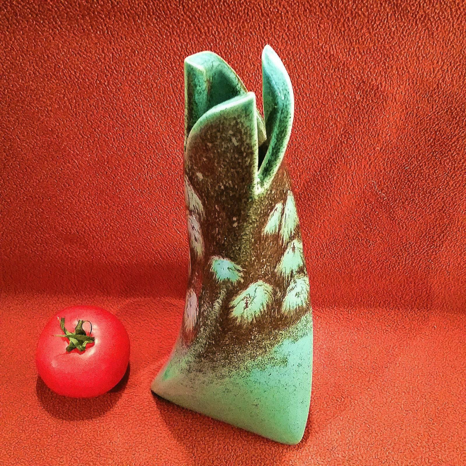 Early Contemporary Handmade and Hand Glazed Twisted Vase with Flower Buds In Good Condition In South Burlington, VT