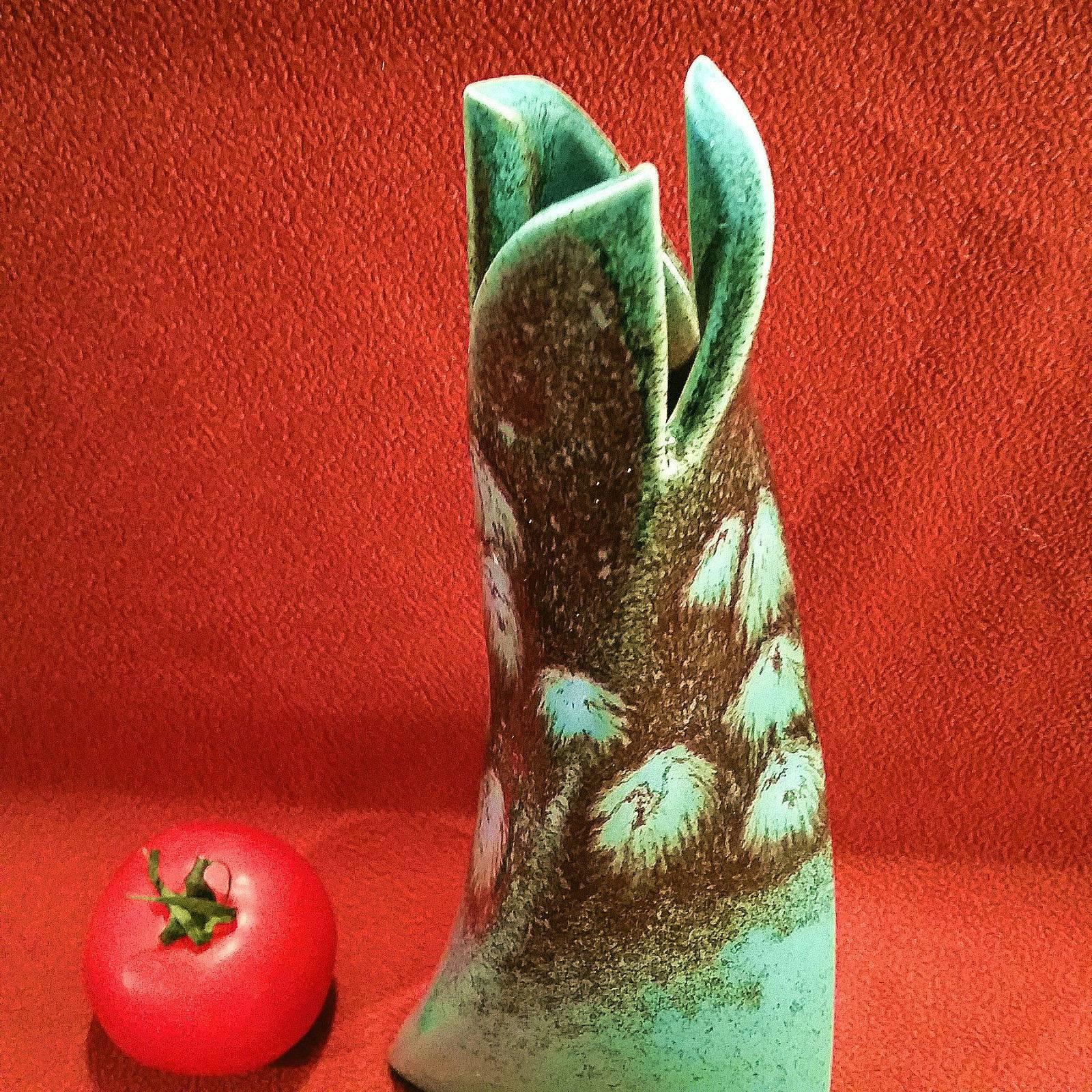 Mid-20th Century Early Contemporary Handmade and Hand Glazed Twisted Vase with Flower Buds