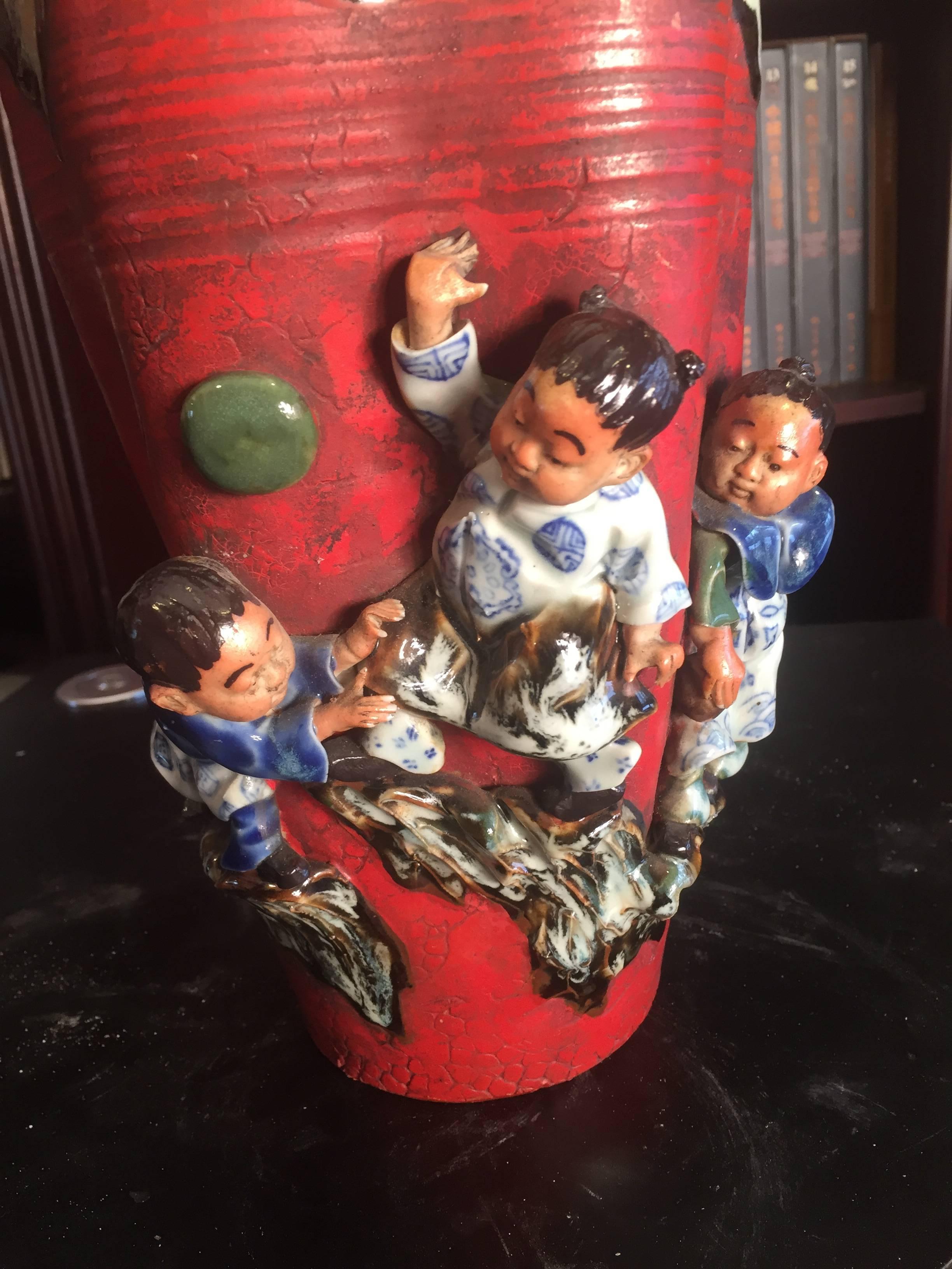 Japanese Children Playing Tall Hand-Painted Hand Glazed Vase, Signed