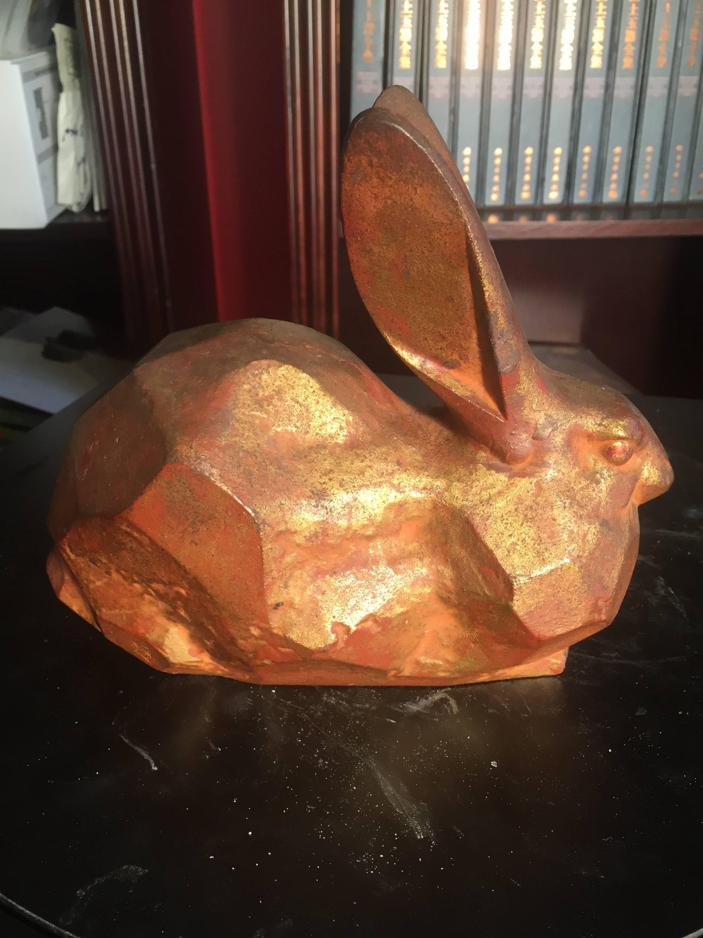 Big Eared Rabbit Solid Cast with Gold Gilt Highlights Perfect Indoor Outdoor In Excellent Condition In South Burlington, VT