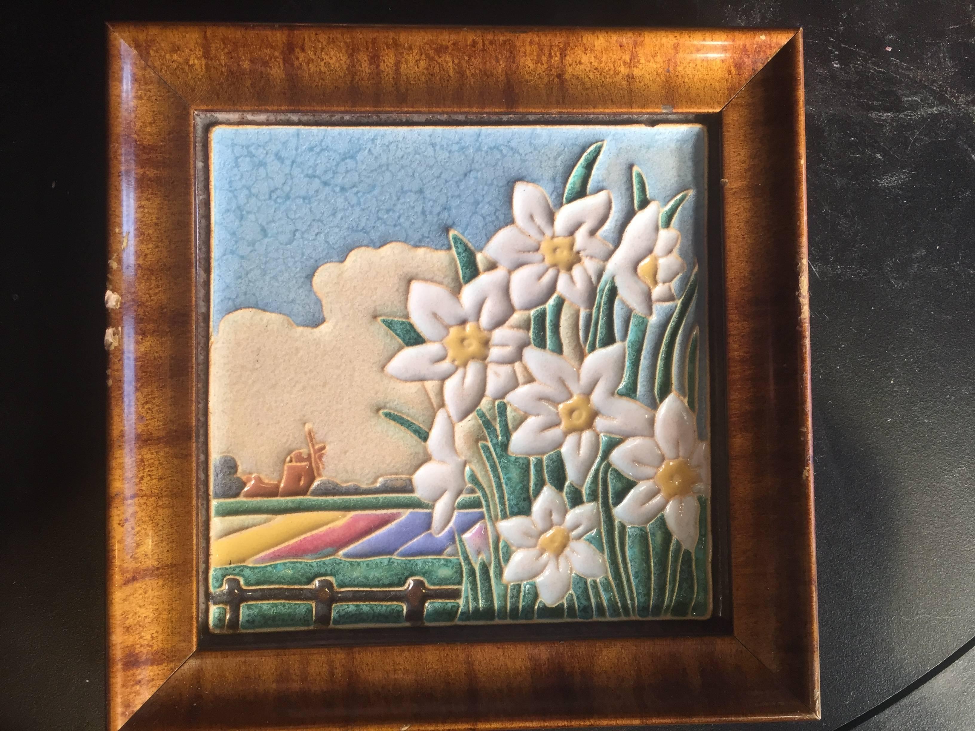 Ceramic Colorful Set of Three Framed Hand-Painted Hand Glazed Dutch Flower Tiles
